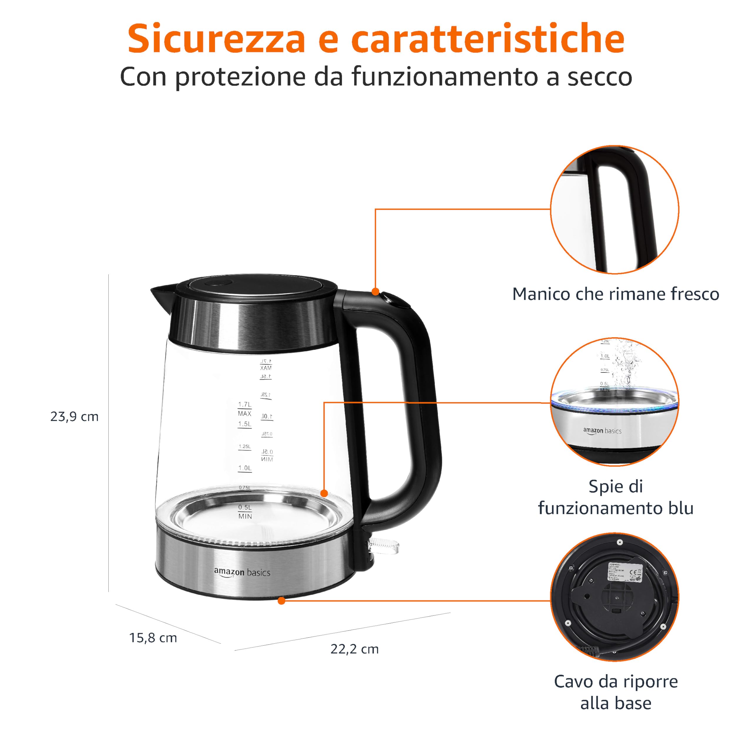 AmazonBasics Bollitore Vetro 1,7 L 2200W Nero Vetro