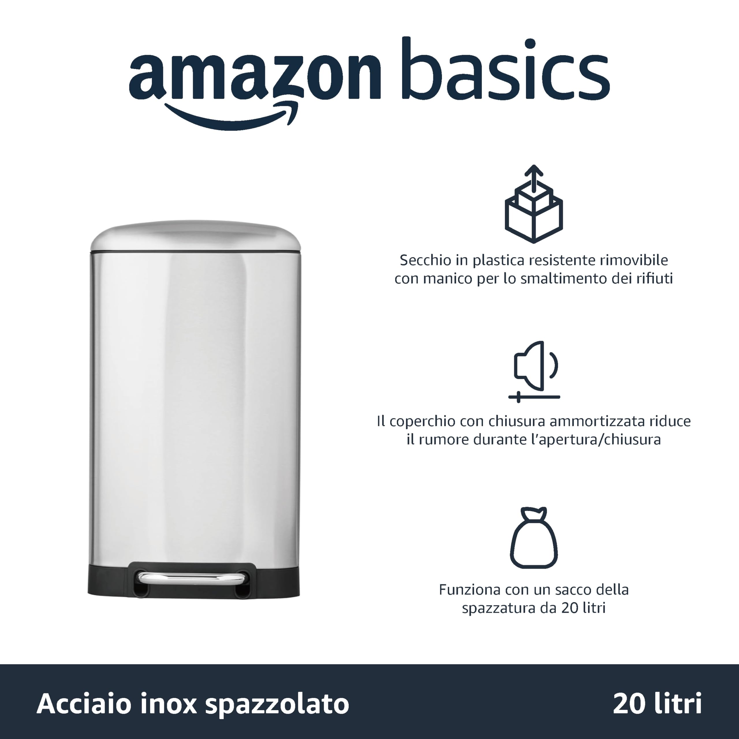 AmazonBasics Pattumiera Rettangolare 20 L Argento Acciaio Inox