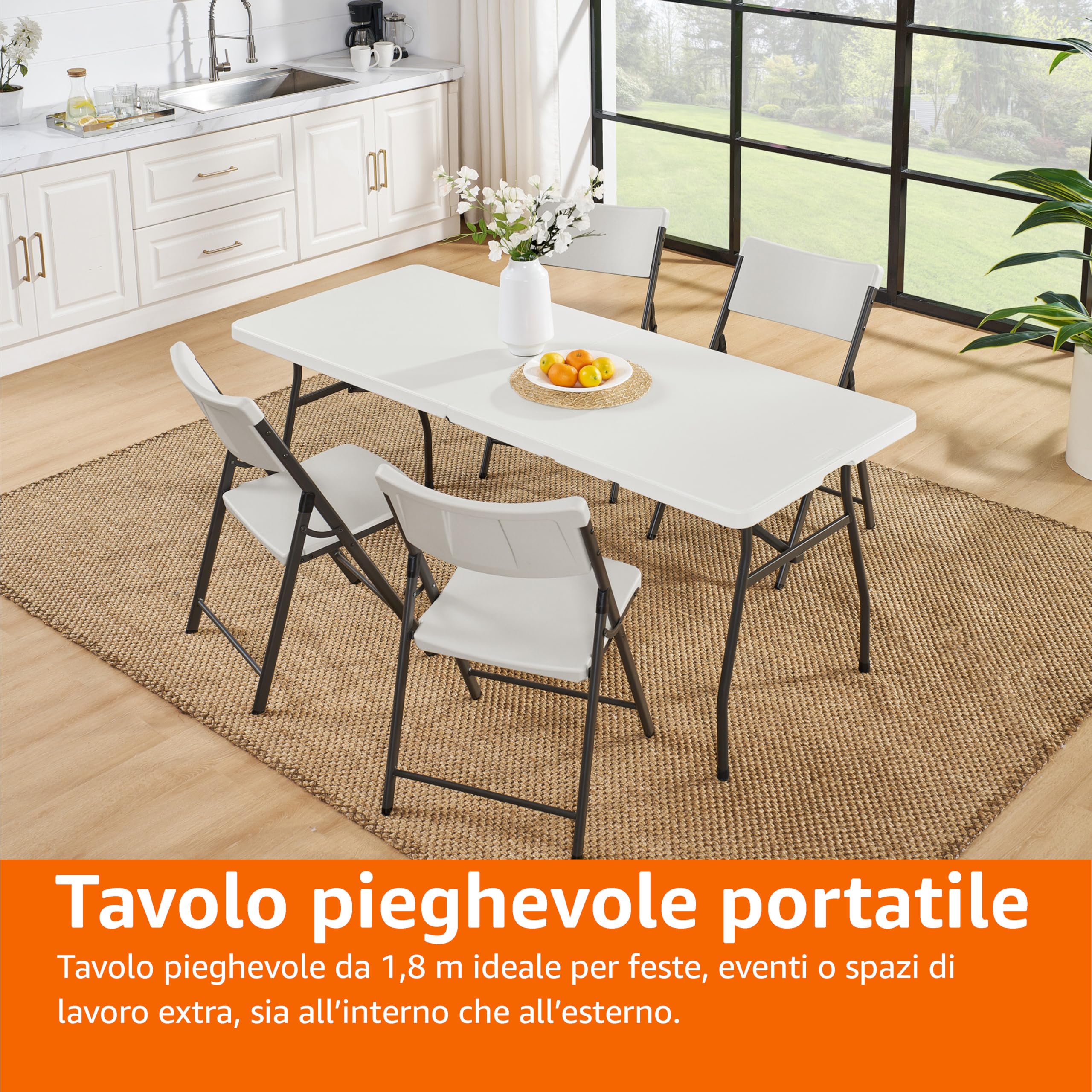 AmazonBasics Tavolo Pieghevole 182 cm Bianco con Maniglia