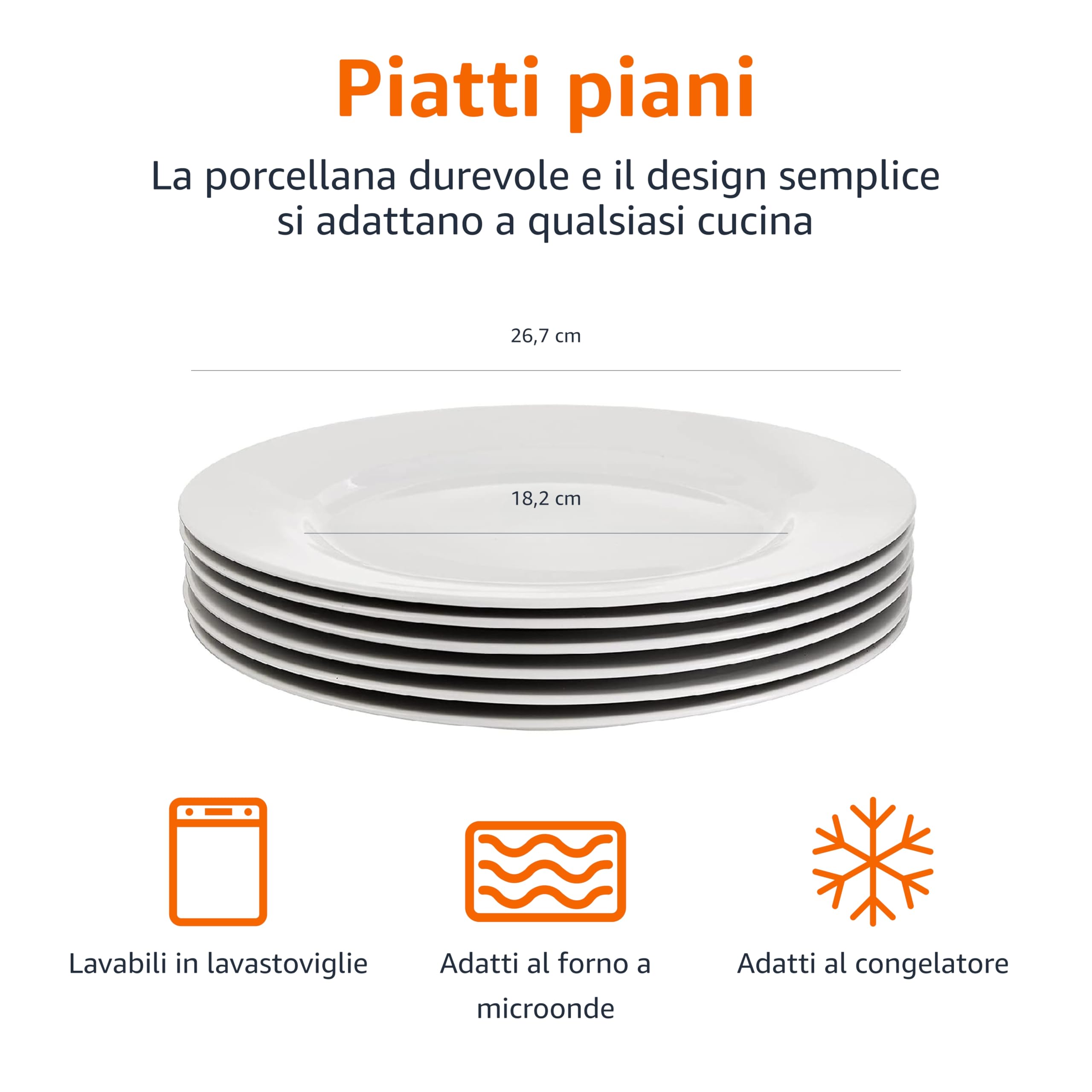 AmazonBasics Piatti Piani Porcellana 26,7 cm 6 Pezzi