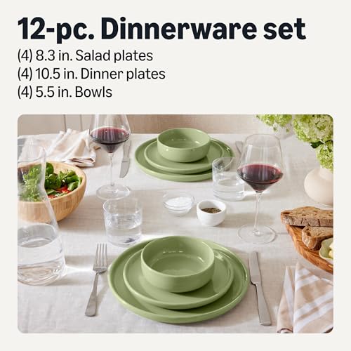 Amazon Basics Servizio da Tavola 12 Pezzi Verde Oliva Gres