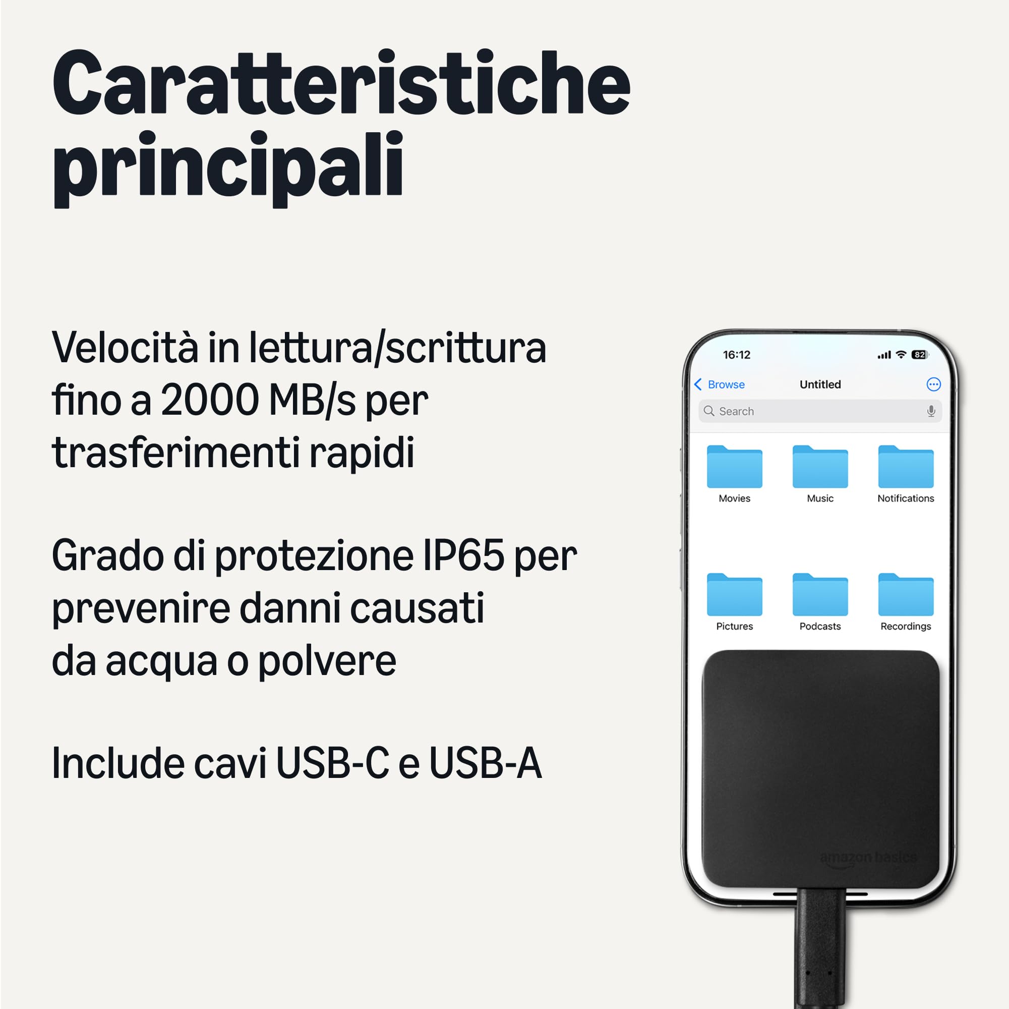AmazonBasics SSD esterno 1TB 2000MB/s USB 3.2 nero IP65