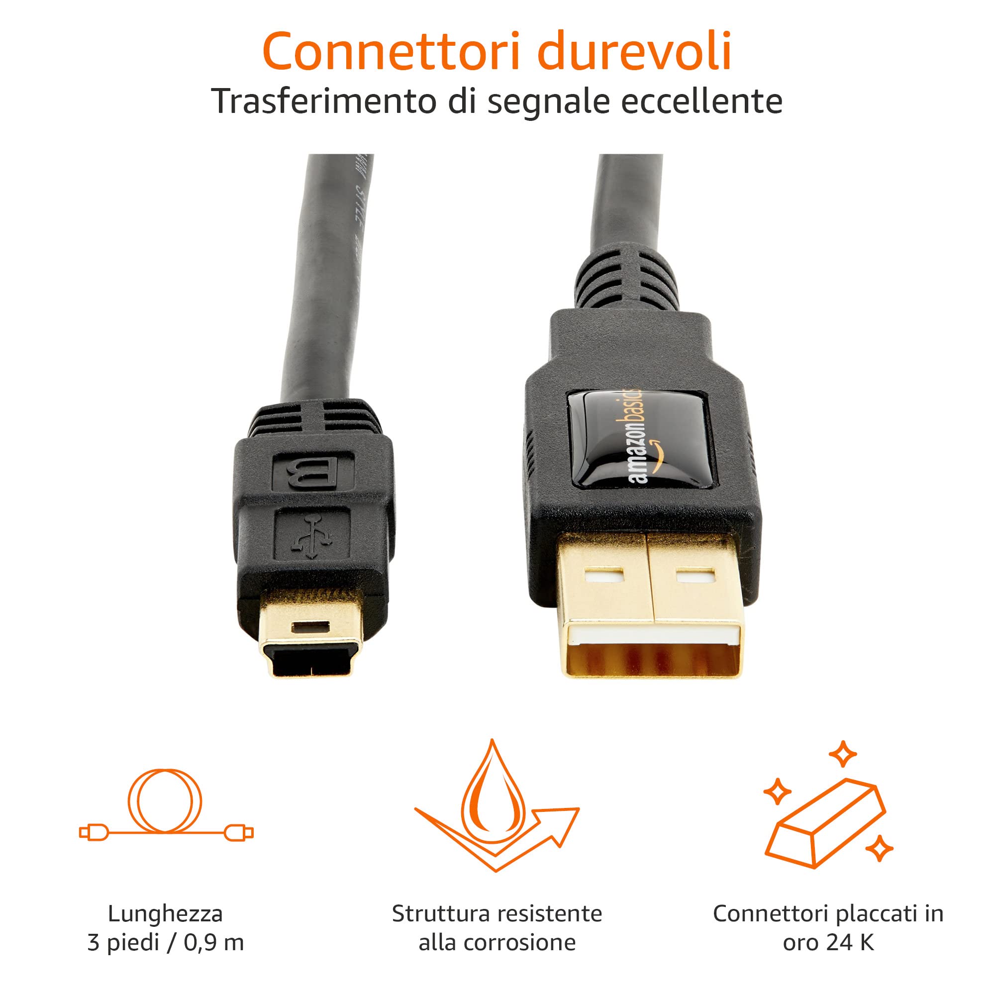 Amazon Basics Cavo USB-A Mini USB B 2.0 0.9m Nero Alta Velocità
