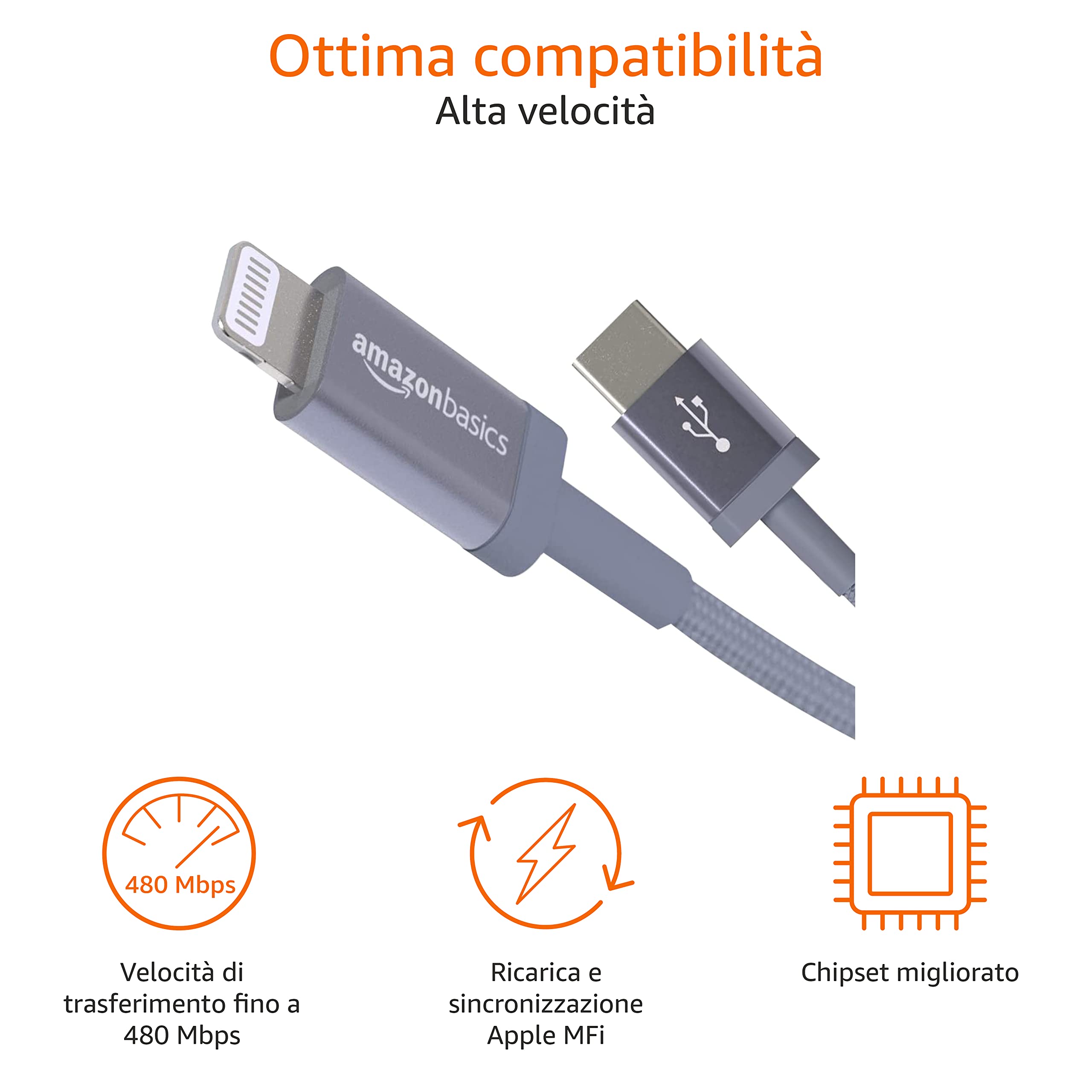 Amazon Basics Cavo USB-C Lightning 1,8 m Grigio Scuro MFi