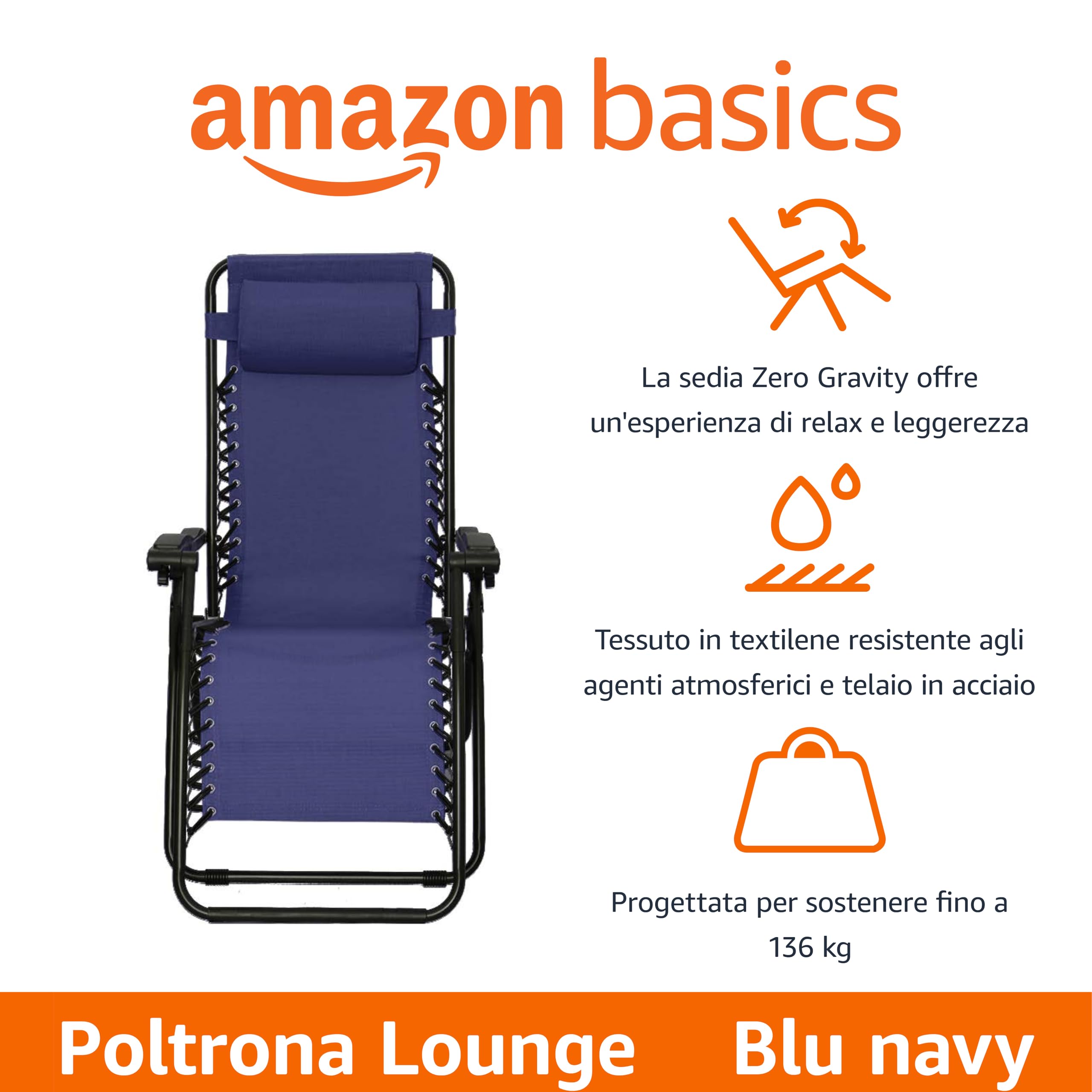 Amazon Basics Sedia Gravità Zero Blu Reclinabile da Esterno 136 kg