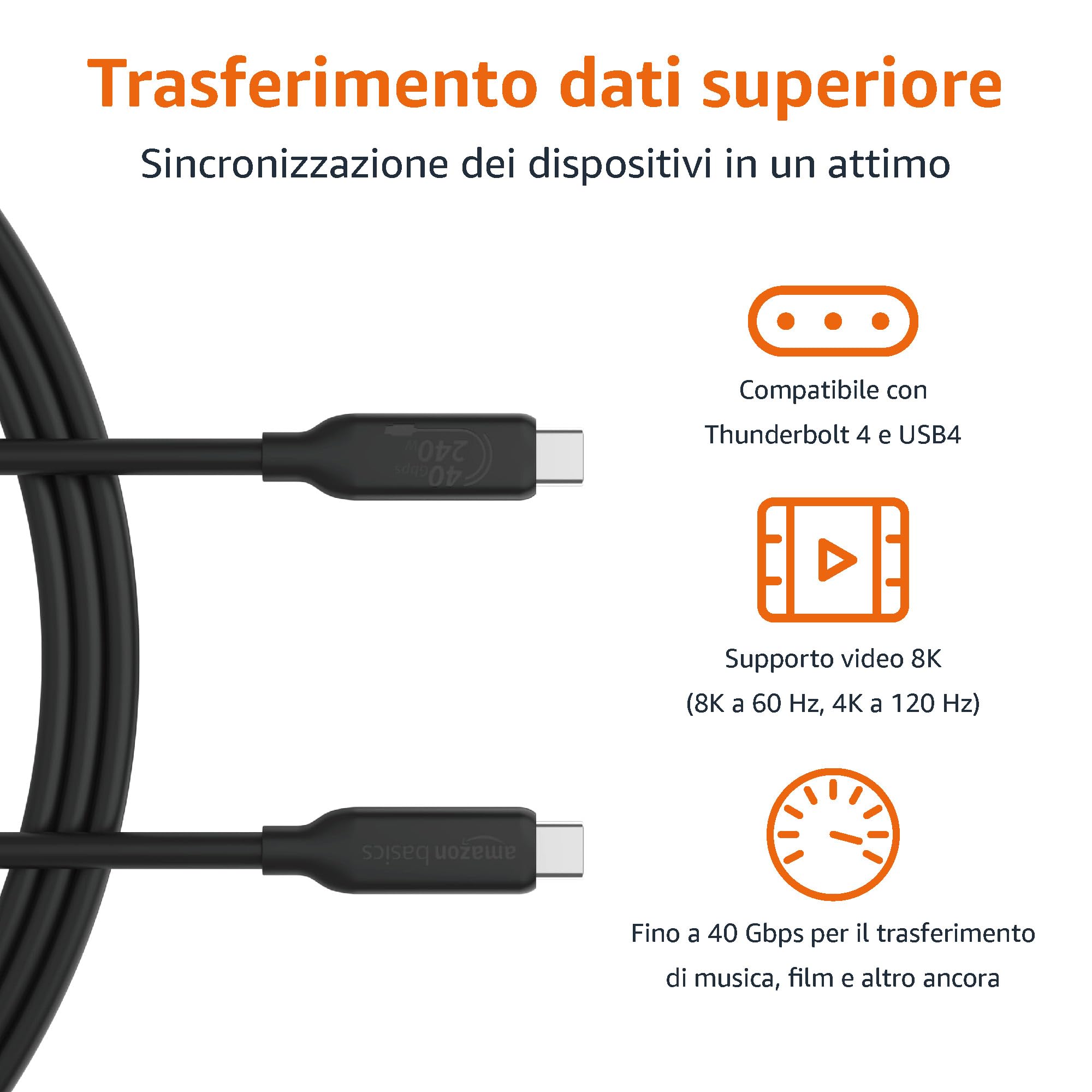 AmazonBasics Cavo USB4 USB-C 1 m 240W 40Gbps 8K Nero