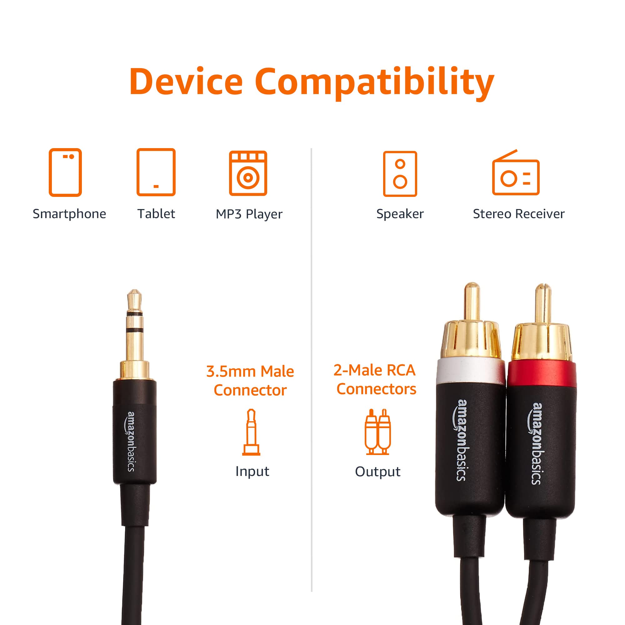 Amazon Basics Cavo Audio Aux 3,5-RCA 2,4 m Nero Placcato Oro