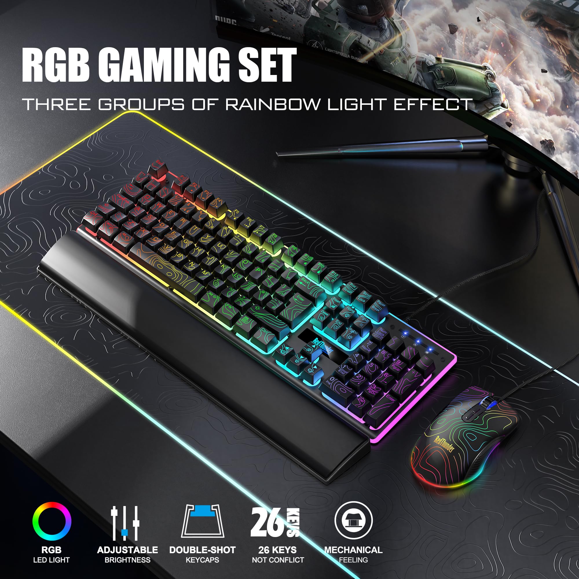 RedThunder K10 Tastiera Gaming Cablata RGB con Mouse
