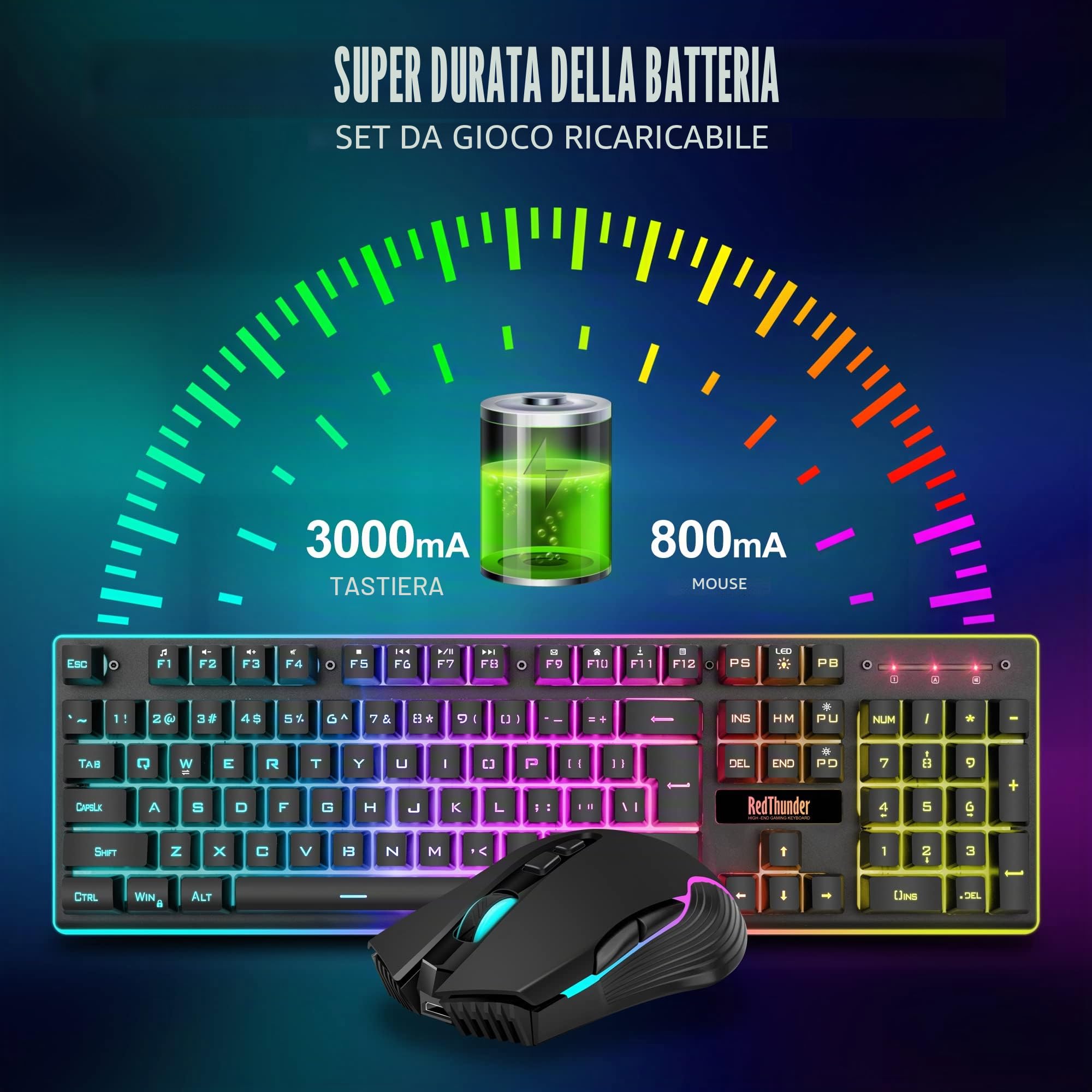 RedThunder K10 Set Tastiera Mouse Gaming Wireless Nero Retroilluminato