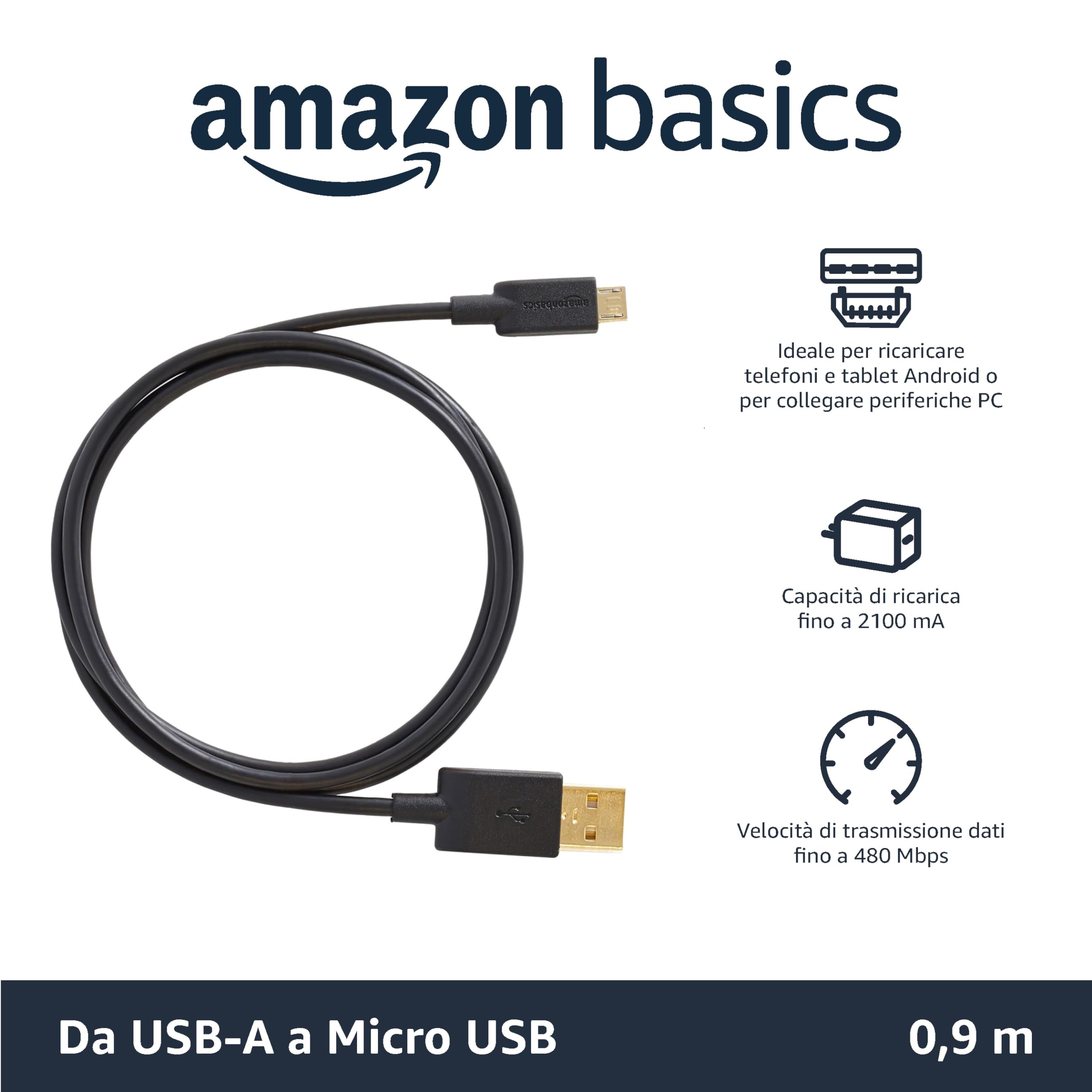 AmazonBasics Cavo USB 2.0 Micro USB 0,9m Nero Confezione da 1