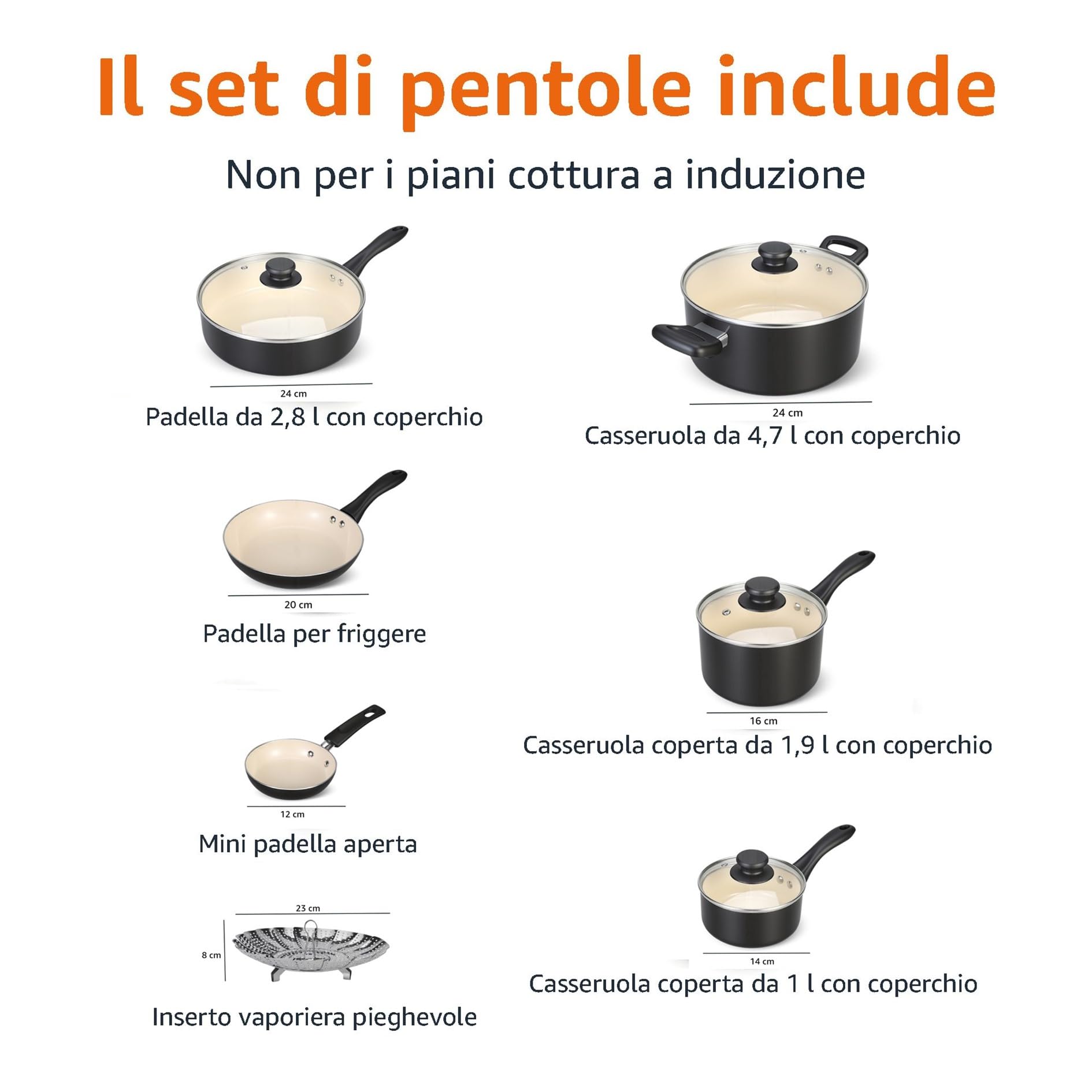 Amazon Basics Batteria Pentole Antiaderente 11 Pezzi Nero Crema
