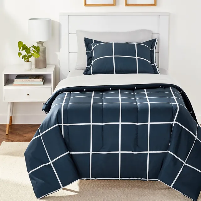 AmazonBasics Set Letto 5 Pezzi Piazza e Mezza Blu Marino Geometrico