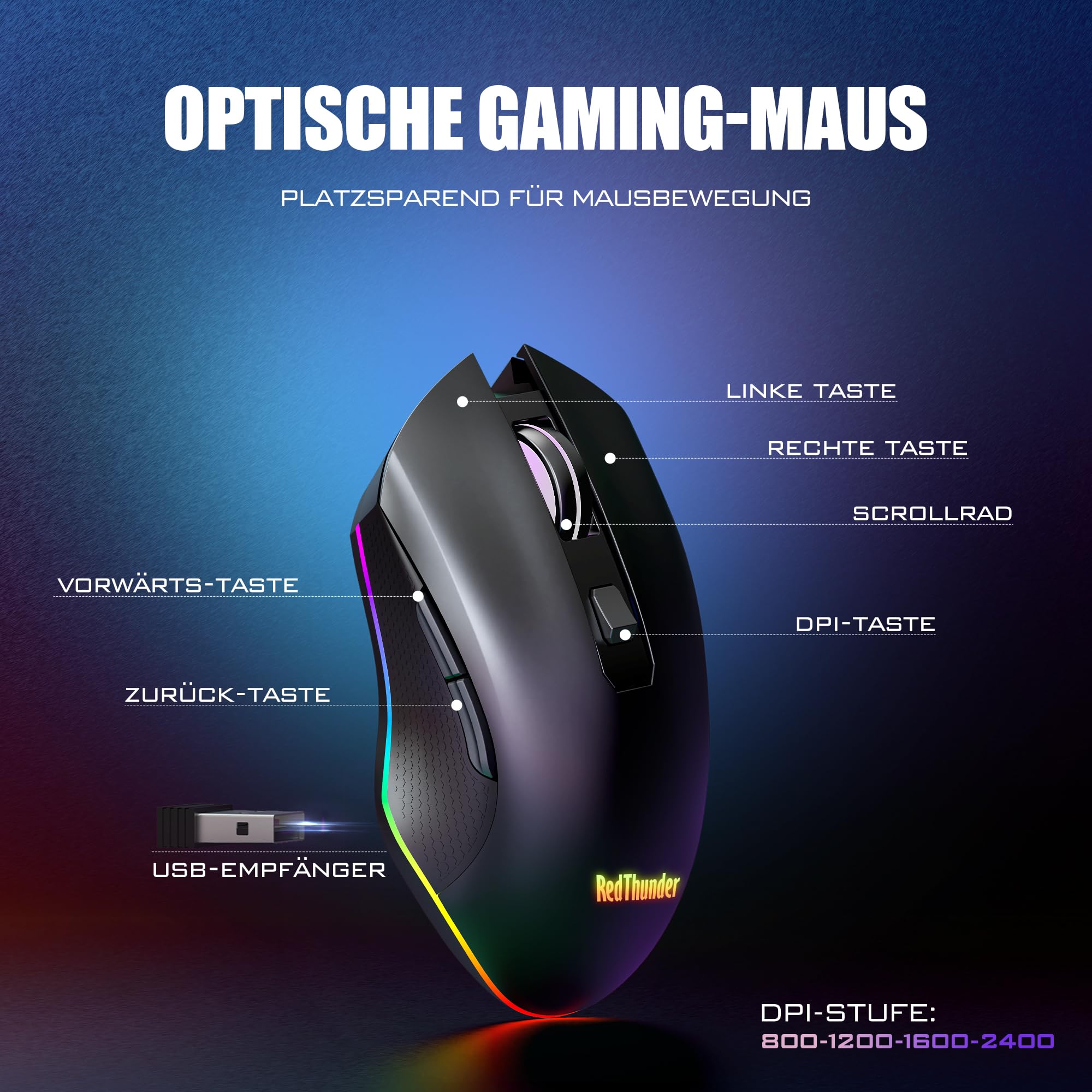 RedThunder Set Tastiera e Mouse Wireless Nero QWERTZ RGB