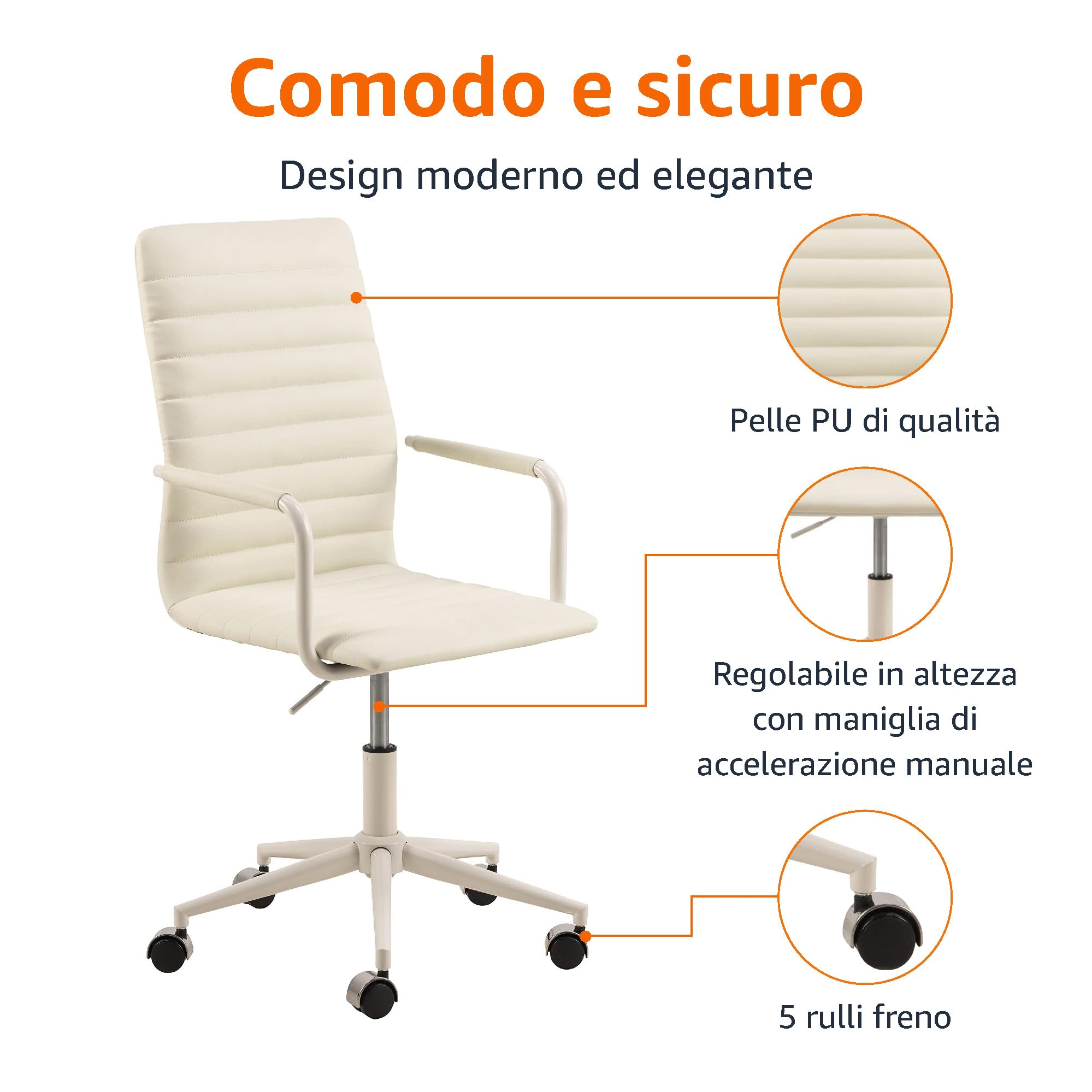 AmazonBasics Sedia Ufficio Ecopelle Bianca con Rotelle
