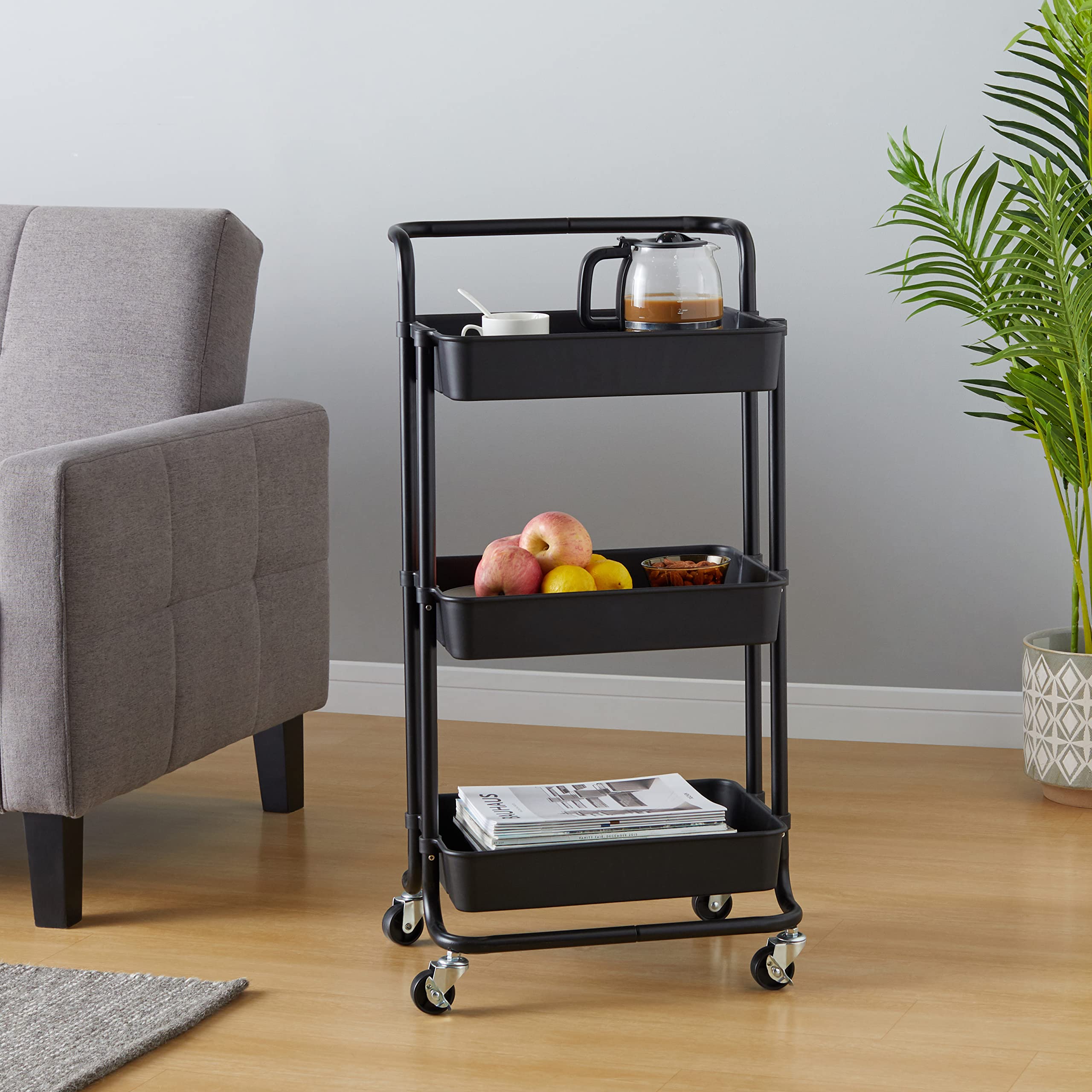 Amazon Basics Carrello 3 Ripiani Nero con Ruote