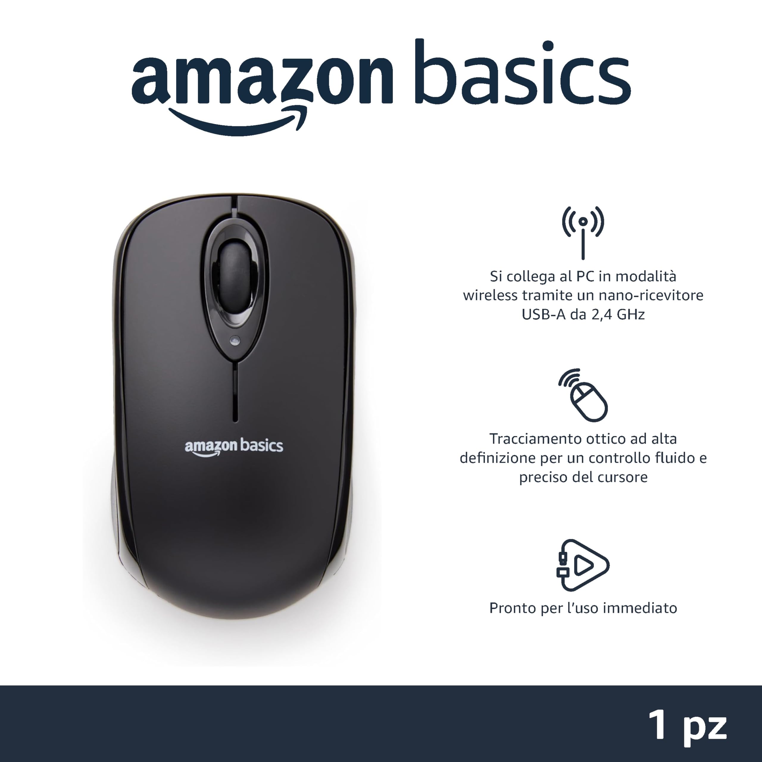 Amazon Basics mouse senza fili nano nero 1000 DPI