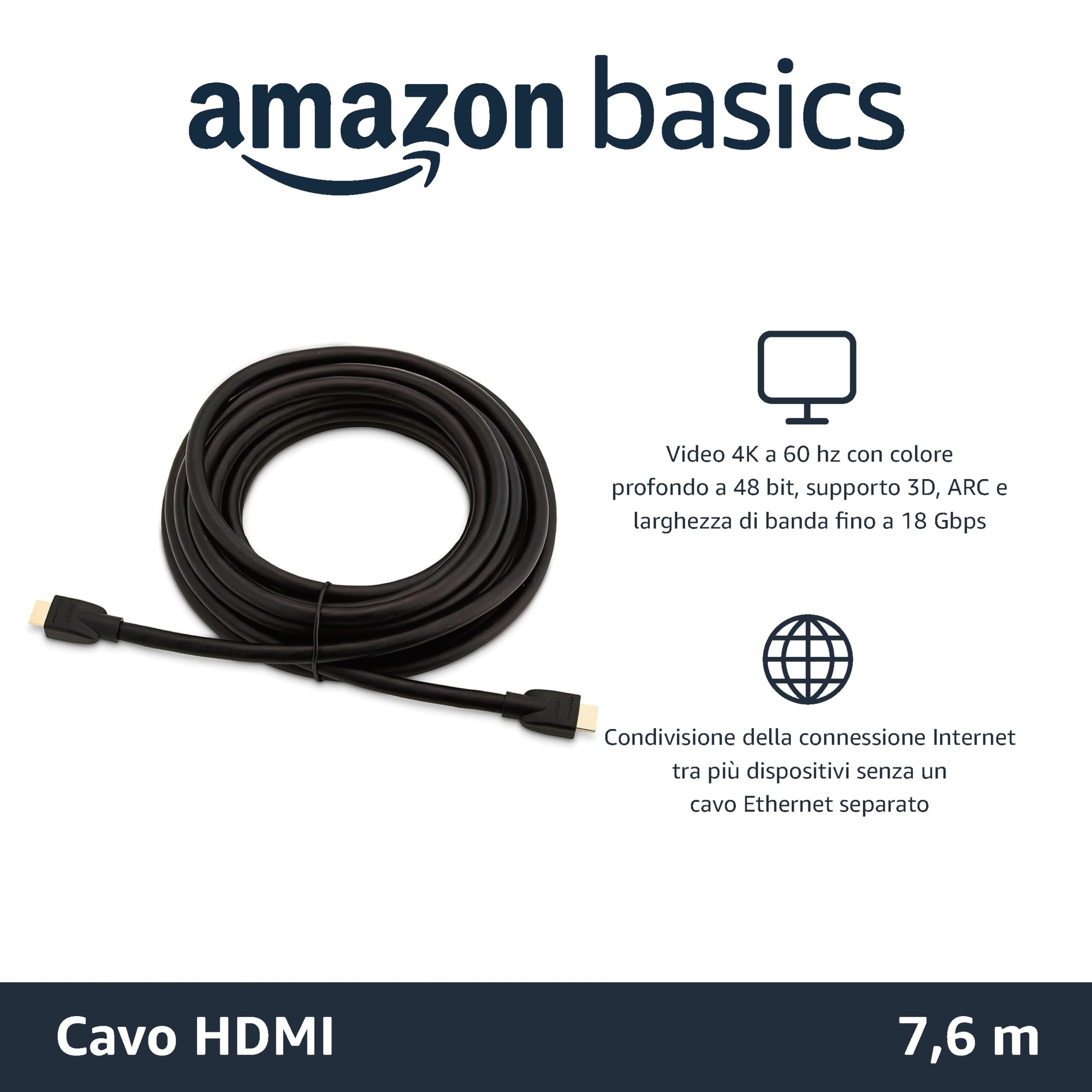 Amazon Basics Cavo HDMI 4K 7,6 m Confezione da 1 18 Gbps