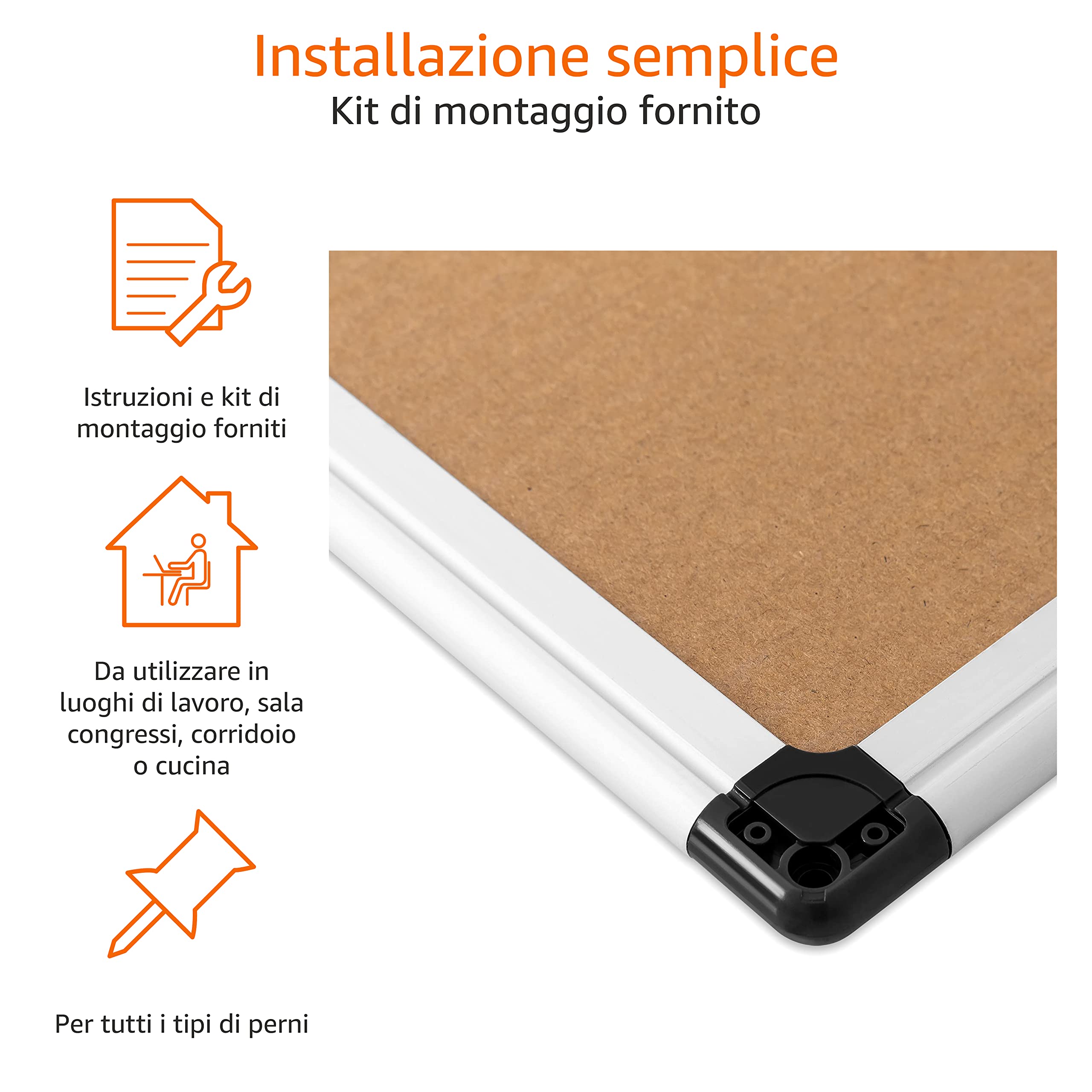 Amazon Basics Bacheca Sughero 90x60 cm Alluminio Argento
