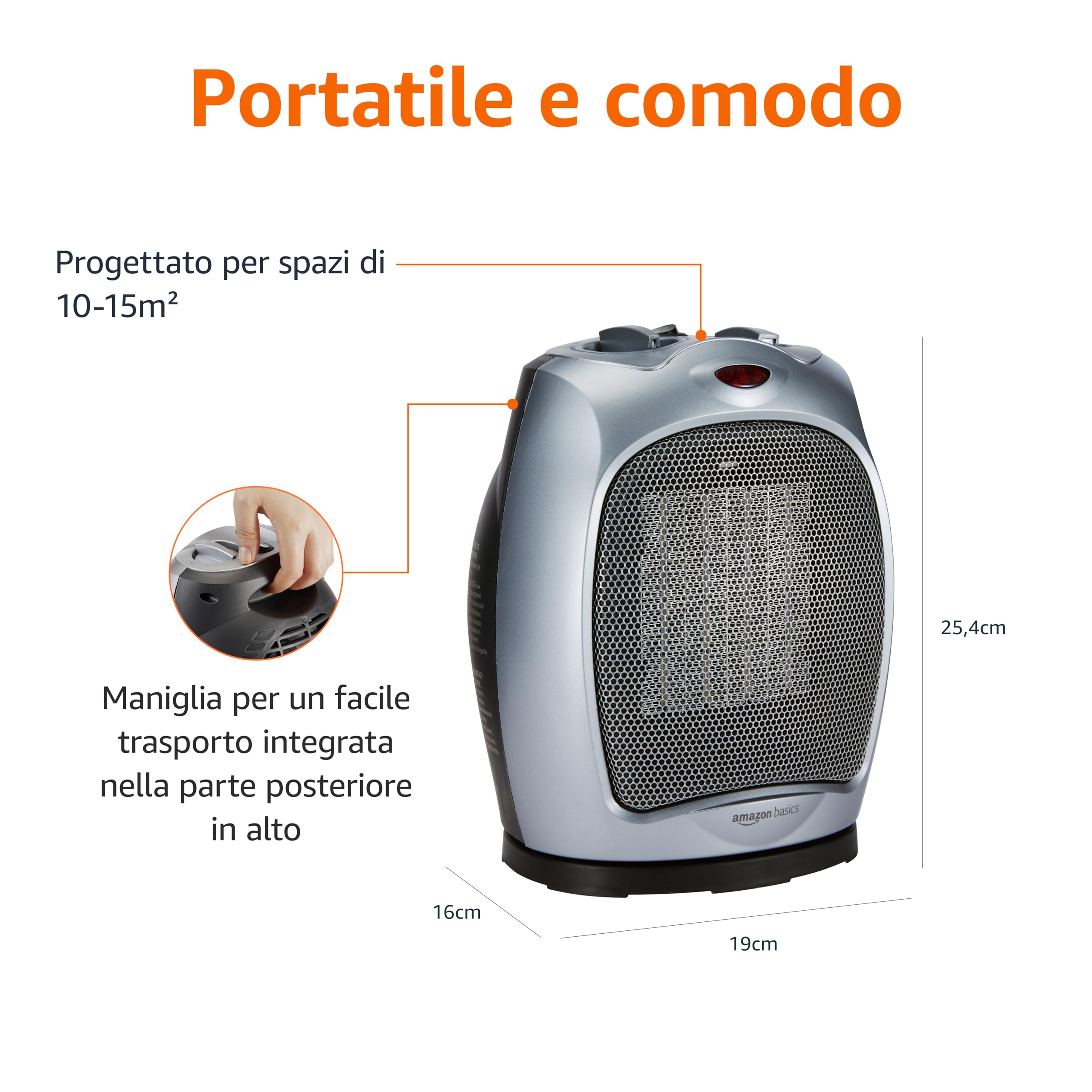 AmazonBasics Termoventilatore Ceramica Oscillante 1800W Argento