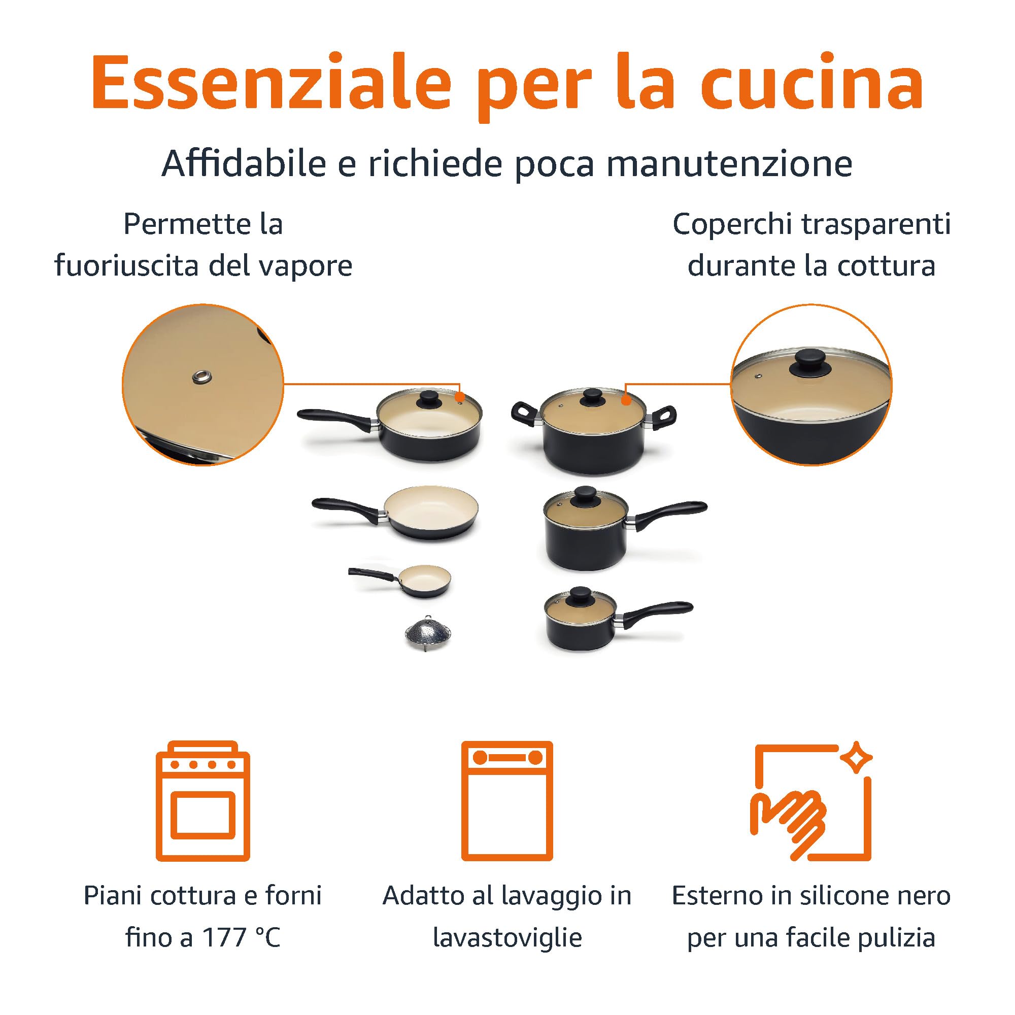 Amazon Basics Batteria Pentole Antiaderente 11 Pezzi Nero Crema