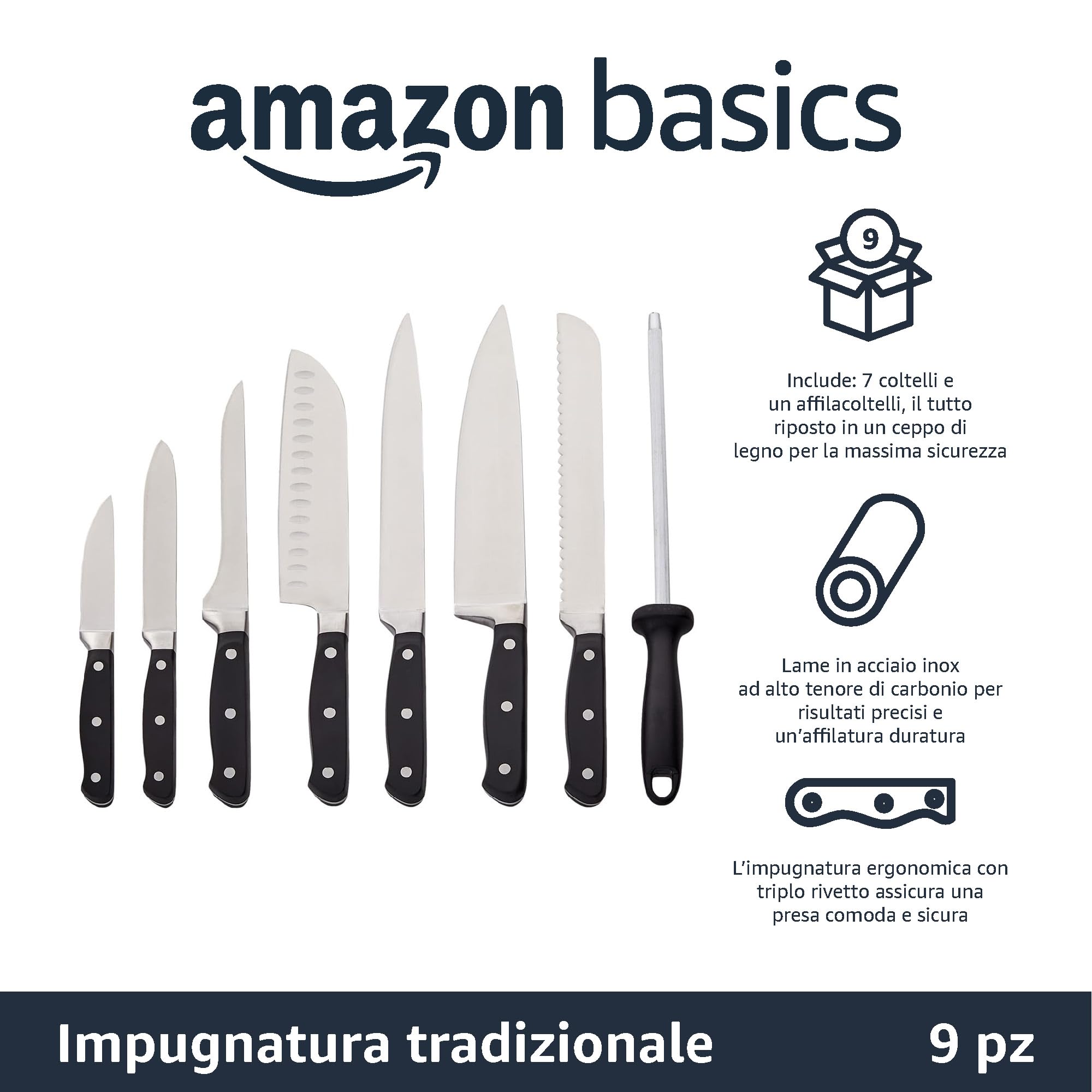 Amazon Basics Set coltelli 9 pezzi con ceppo nero