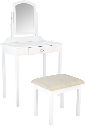 Amazon Basics Set Tavolo Toeletta Bianco con Sgabello e Specchio