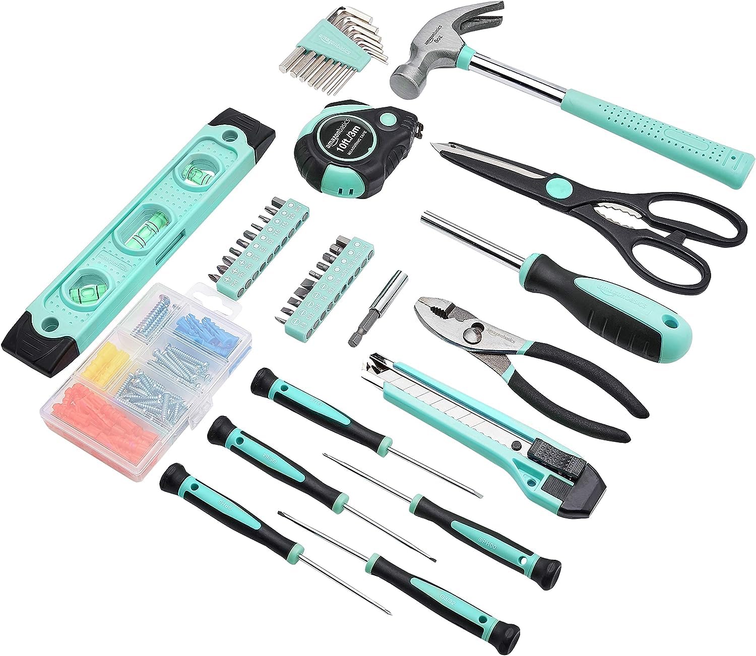 AmazonBasics kit attrezzi casa 142 pezzi turchese con valigetta
