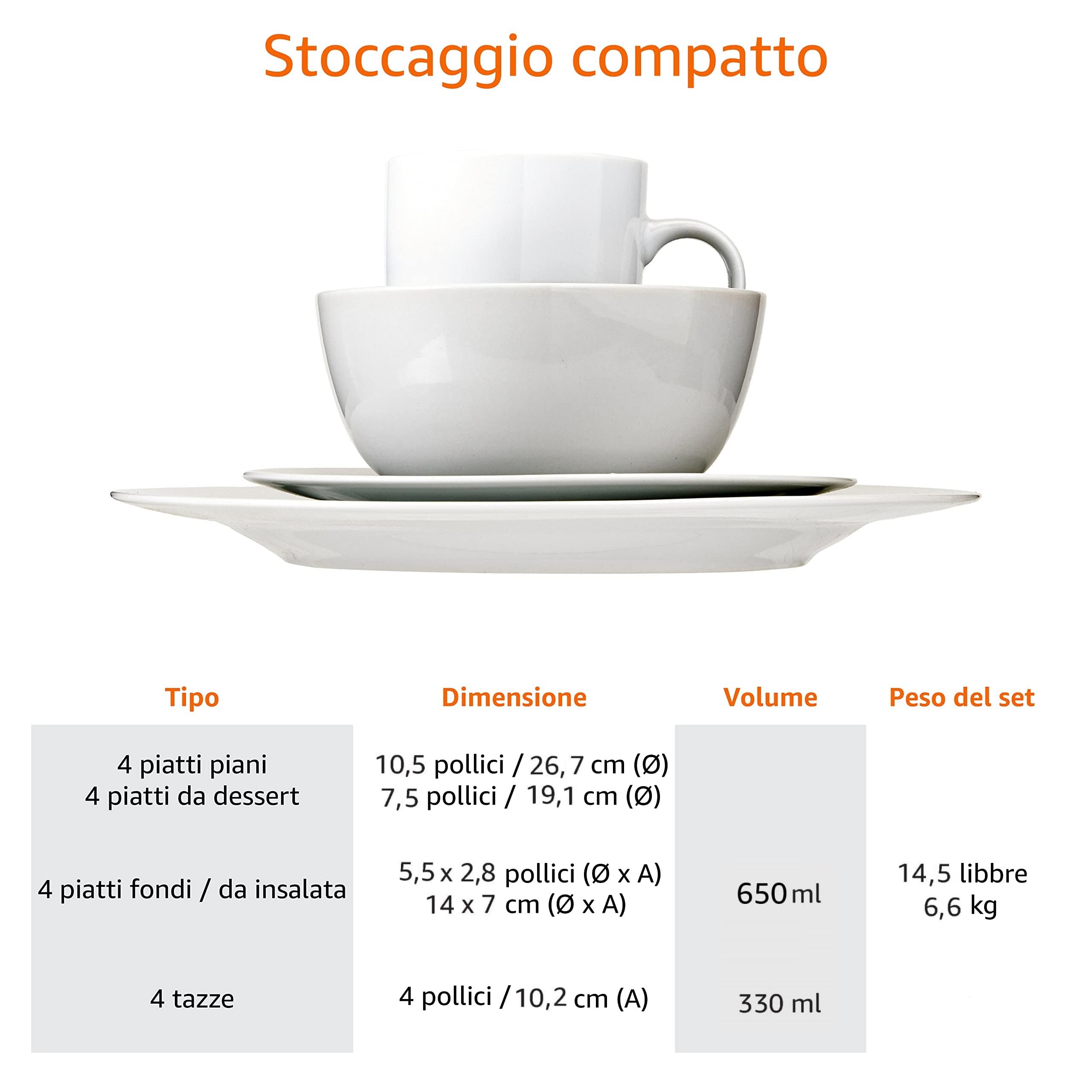Amazon Basics Set Stoviglie 16 Pezzi Porcellana Bianco