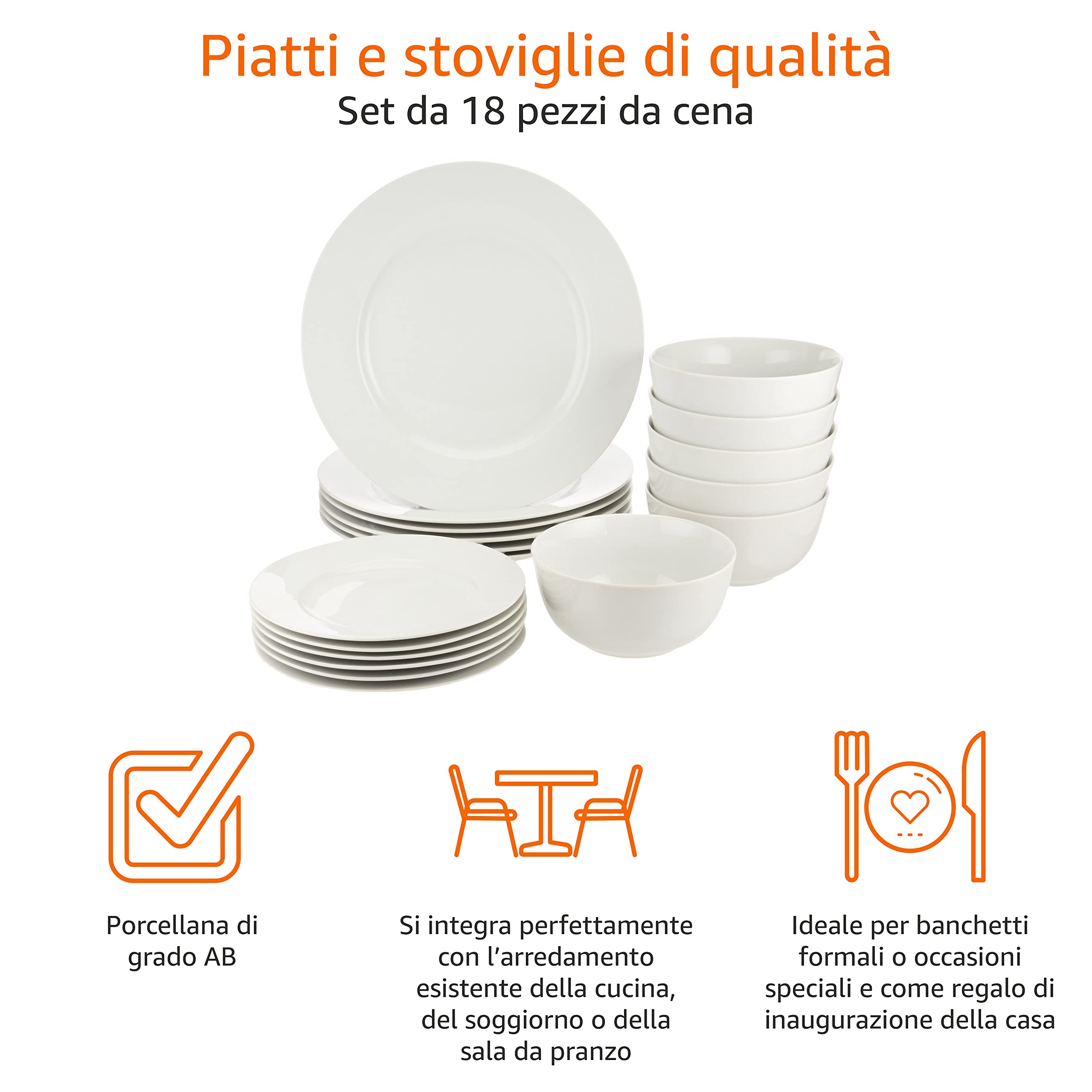 Amazon Basics Servizio Piatti 18 Pezzi Bianco 6 Persone
