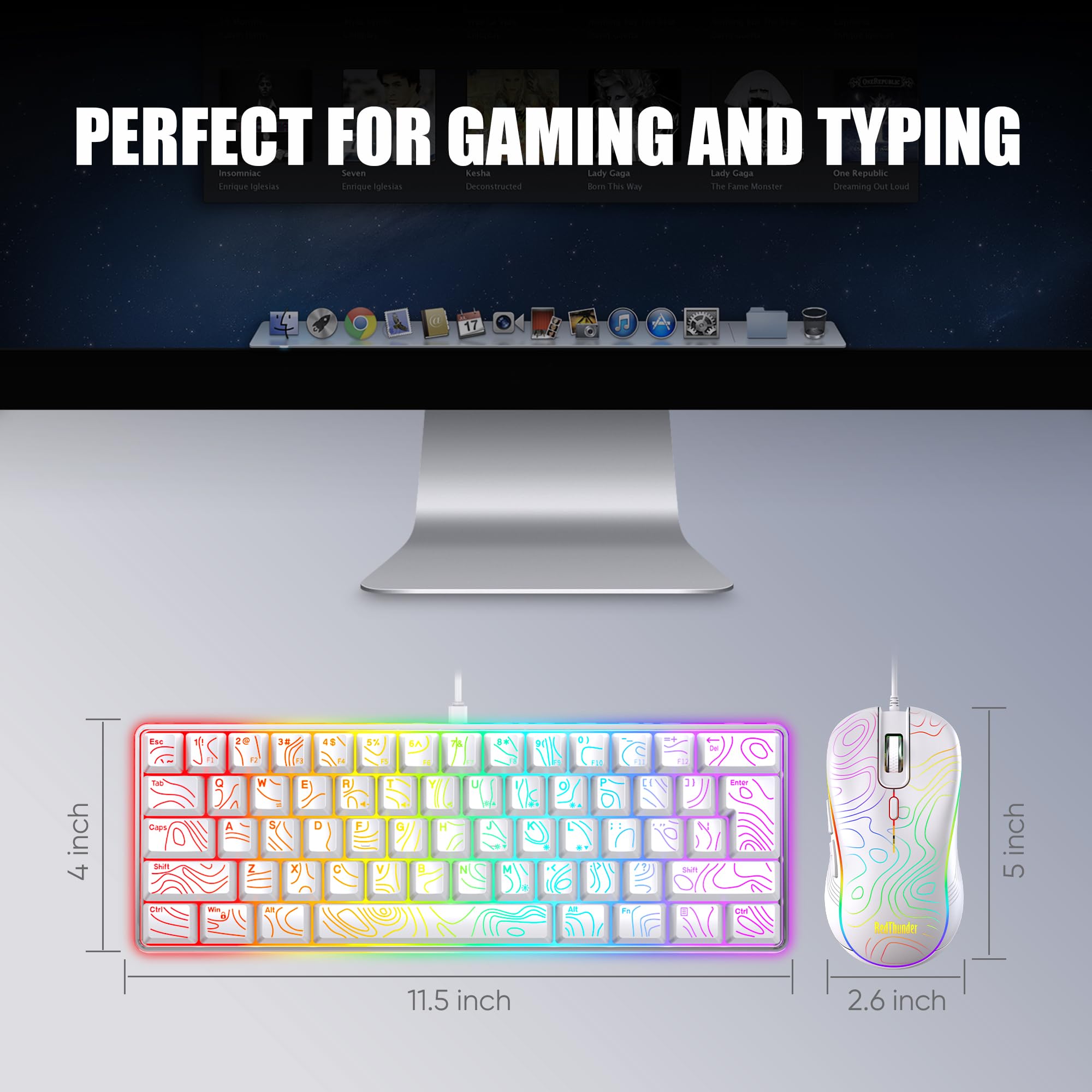 RedThunder Tastiera e Mouse Gaming 60% RGB 61 Tasti Bianco