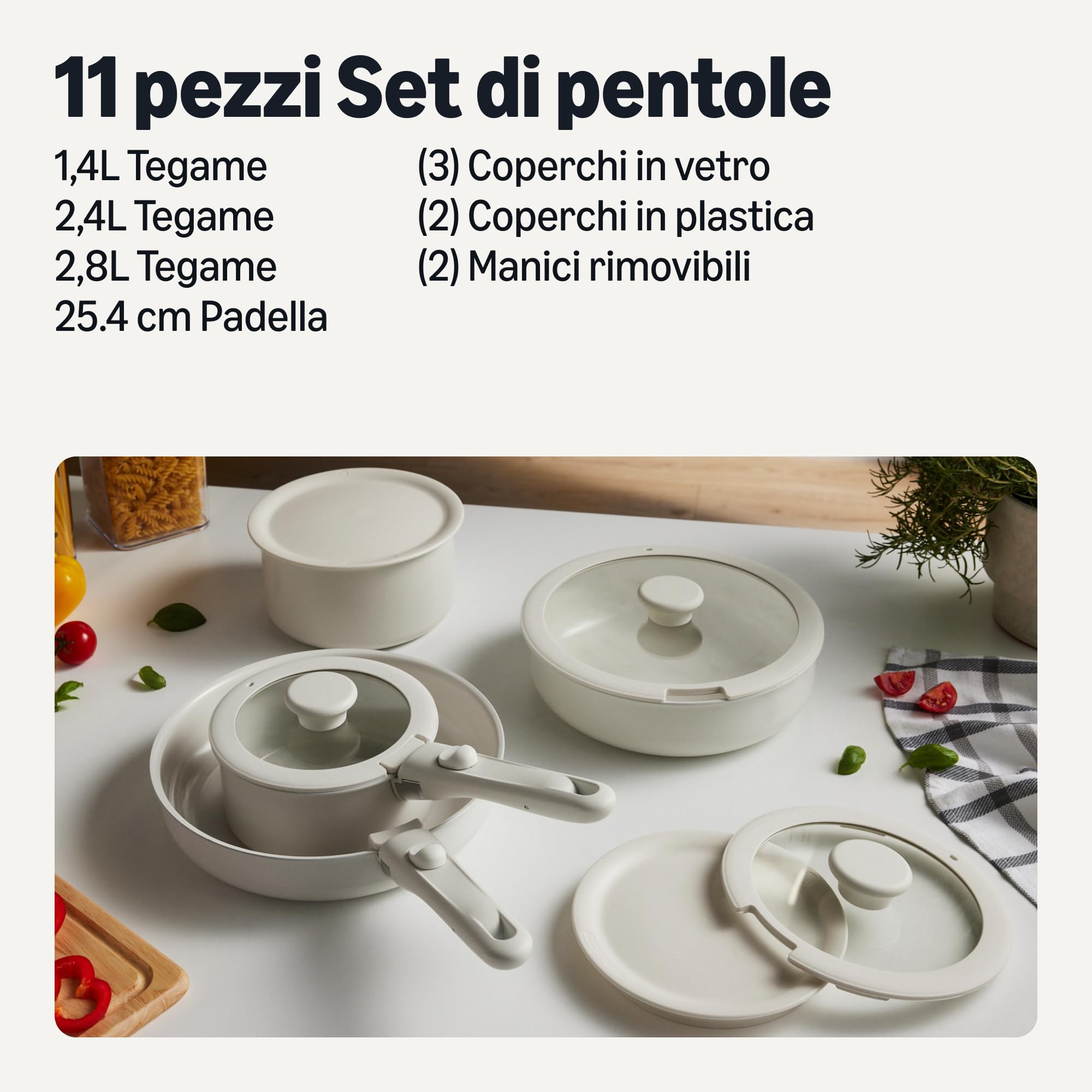 AmazonBasics Set Pentole Ceramica Avorio 11 Pezzi Impilabile