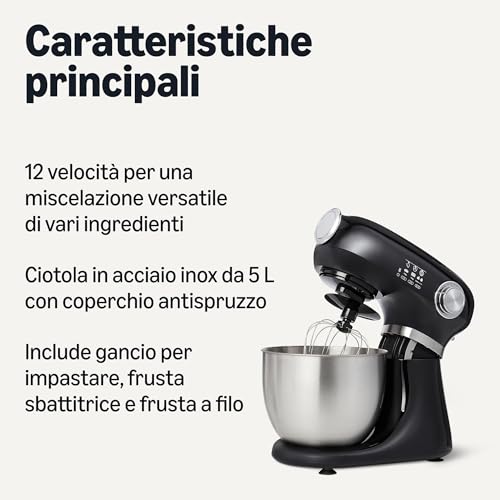 Amazon Basics Mixer Planetaria 5L 1000W 12 Velocità Nero con Ciotola