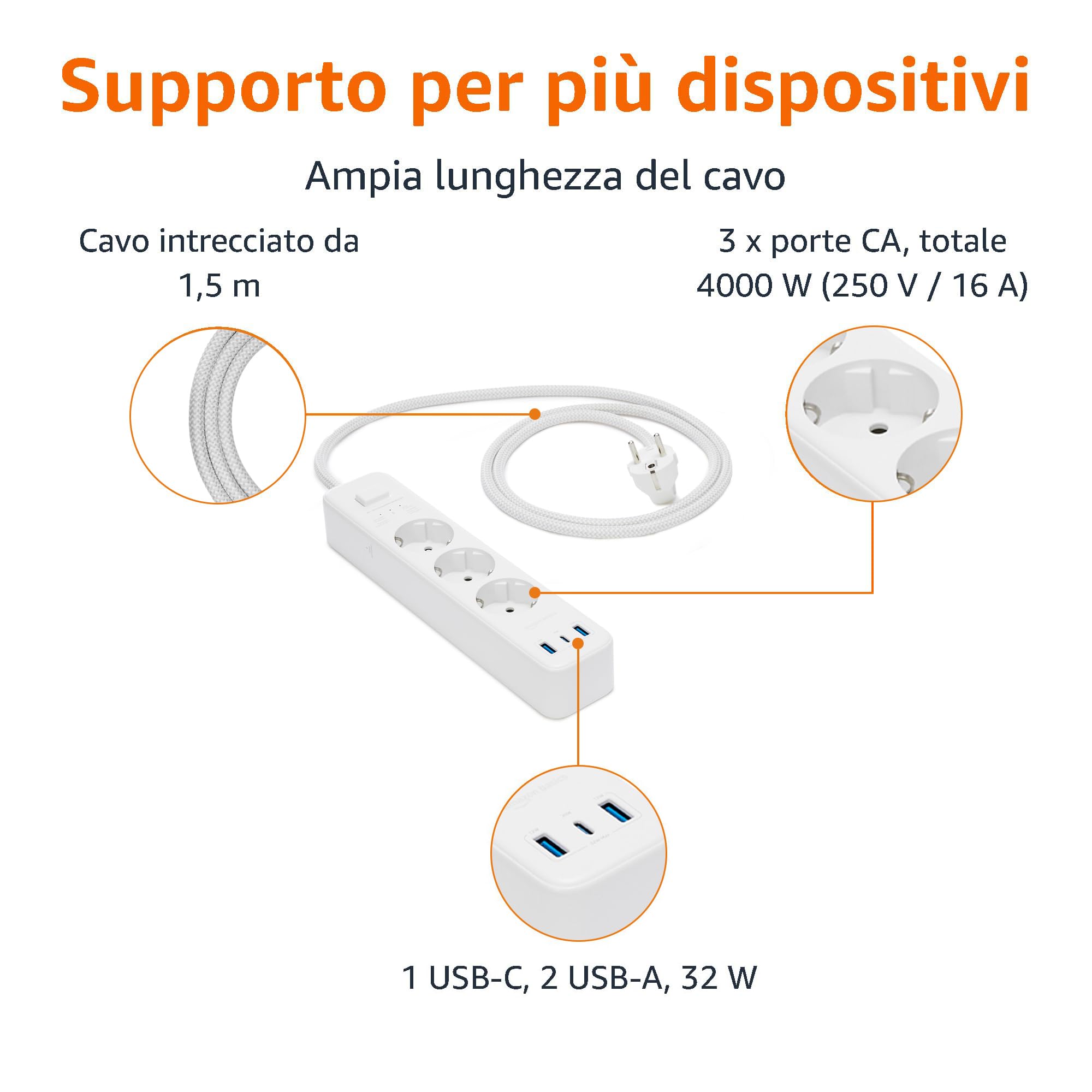 Amazon Basics multipresa 3 vie USB-C ciabatta 1,5m bianco 1050J