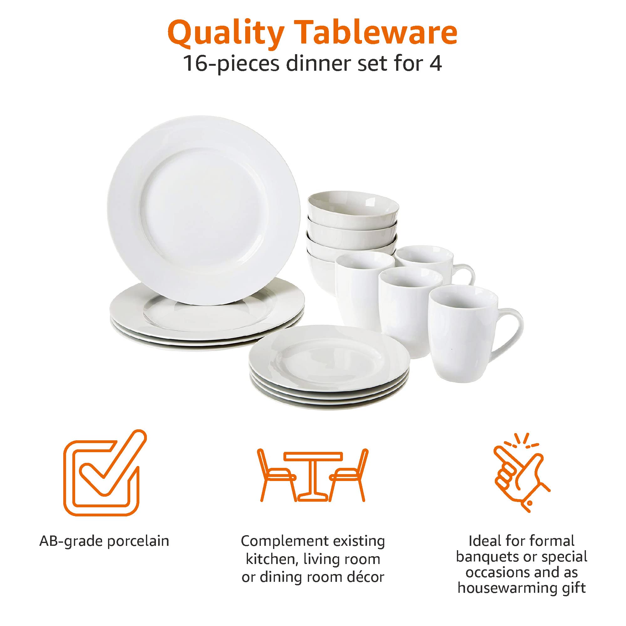 Amazon Basics Servizio Tavola 16 Piatti + 20 Posate per 4 Bianco