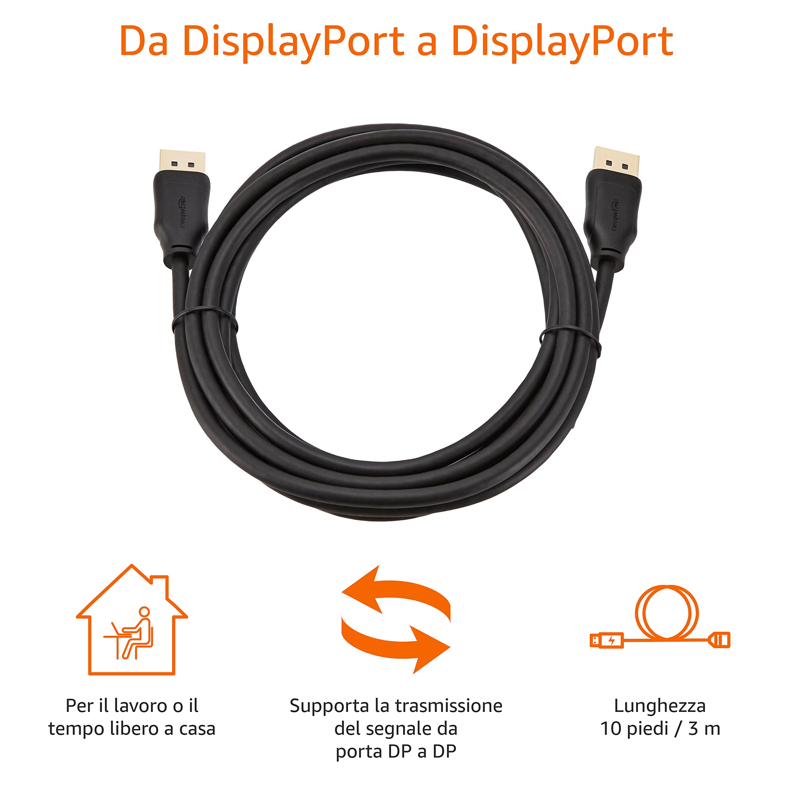 Amazon Basics Cavo DisplayPort 3 m Nero 4K 60Hz Versione 1.2