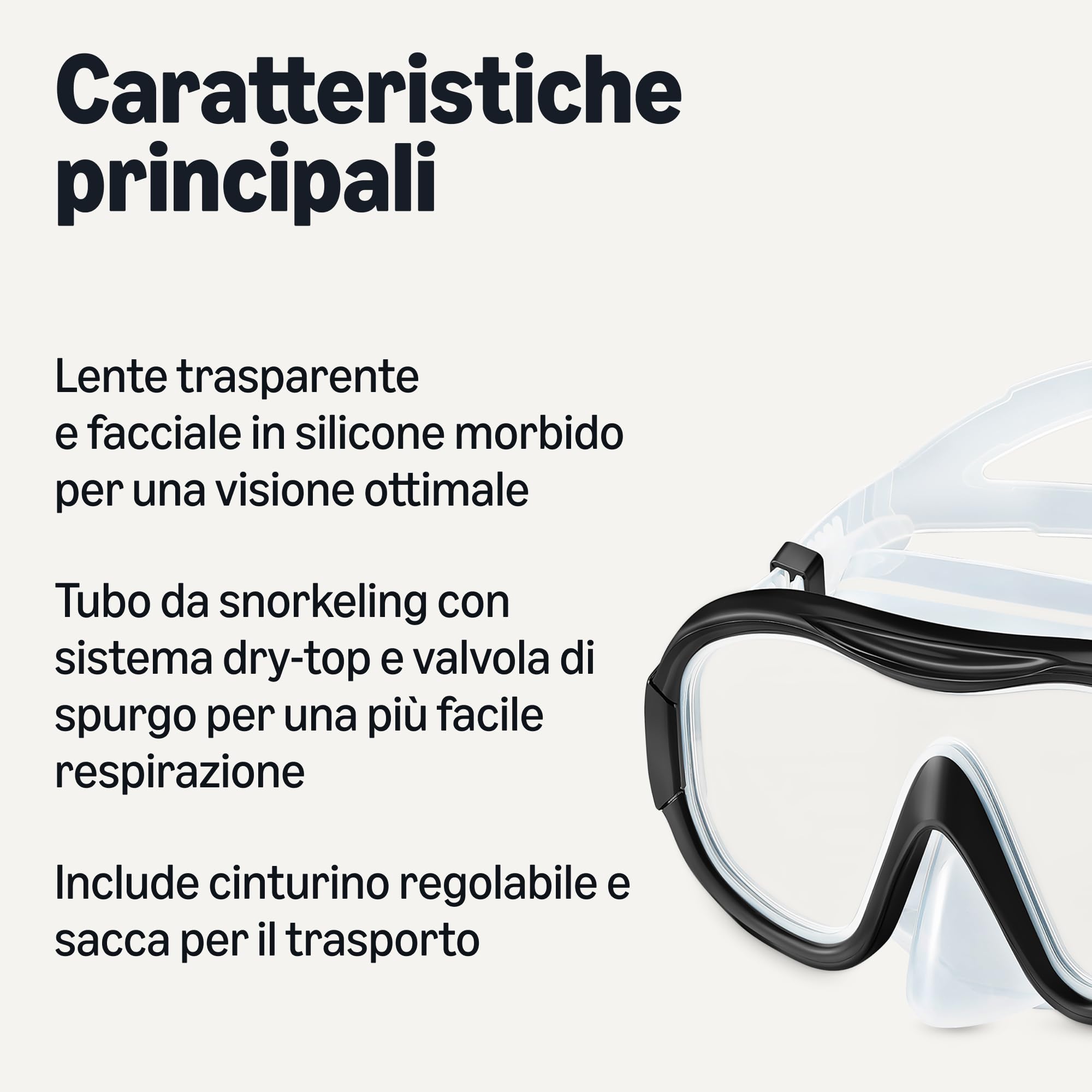 Amazon Basics Set Maschera Snorkeling Adulti Nero con Borsa Silicone
