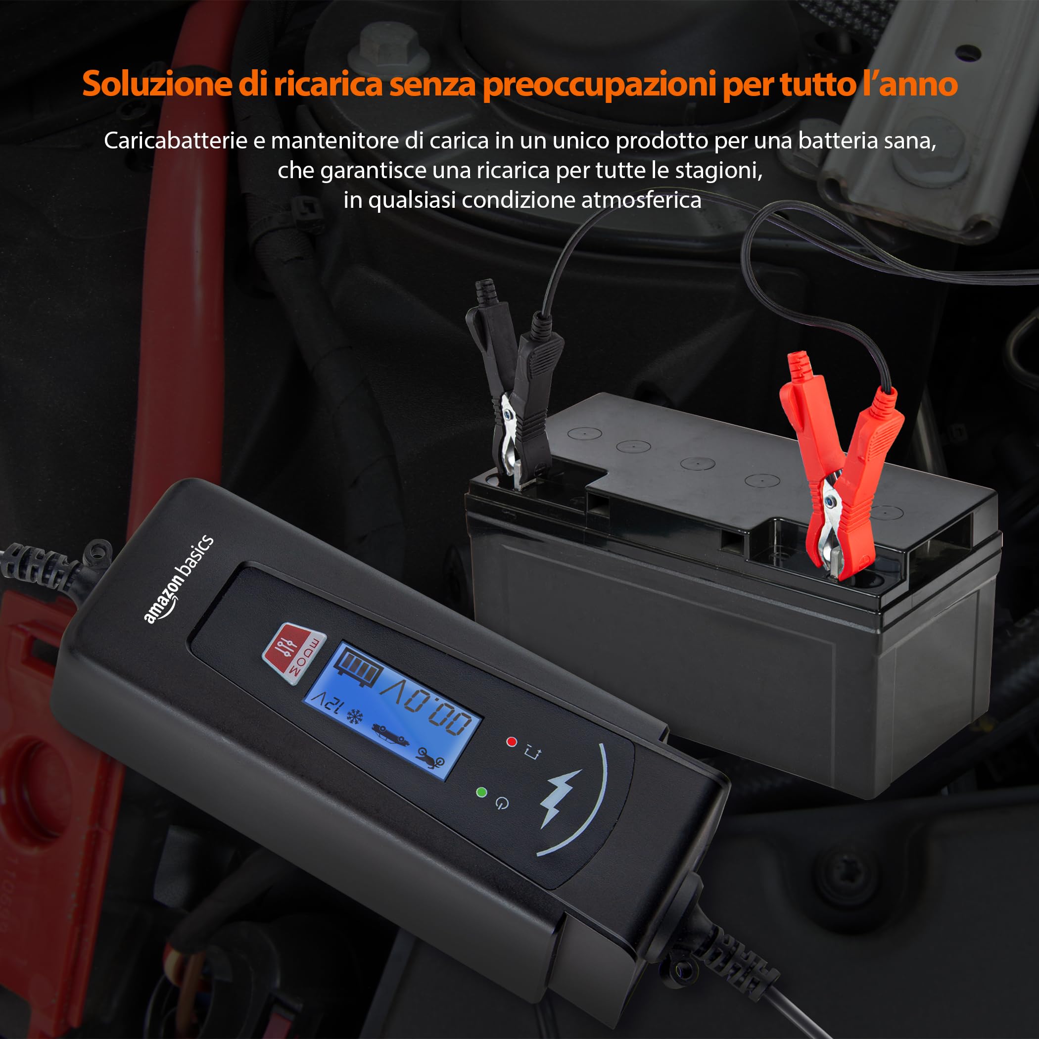 Amazon Basics Caricabatterie Auto 6V 12V 2A 4A Nero con Tester