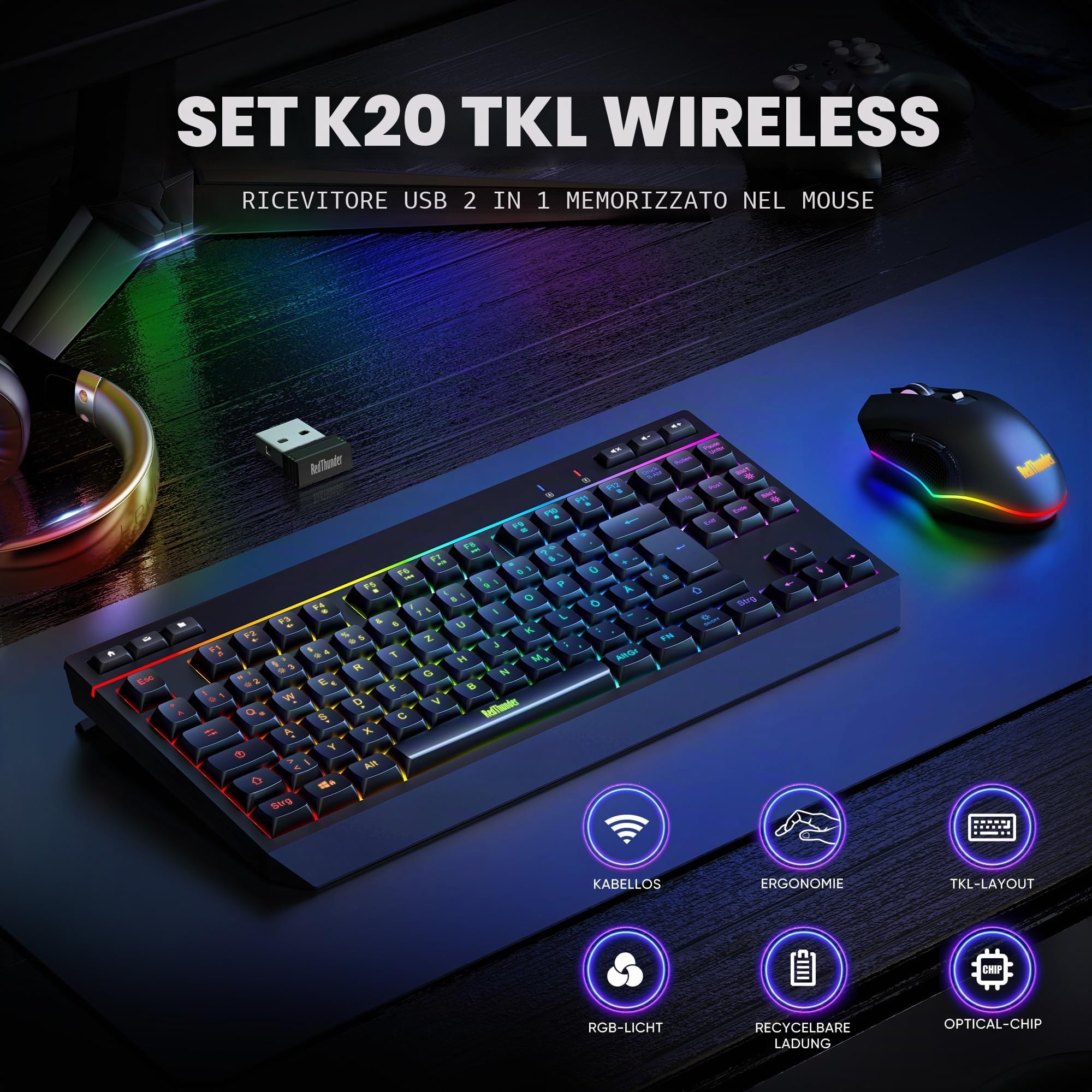 RedThunder Set Tastiera e Mouse Wireless Nero QWERTZ RGB