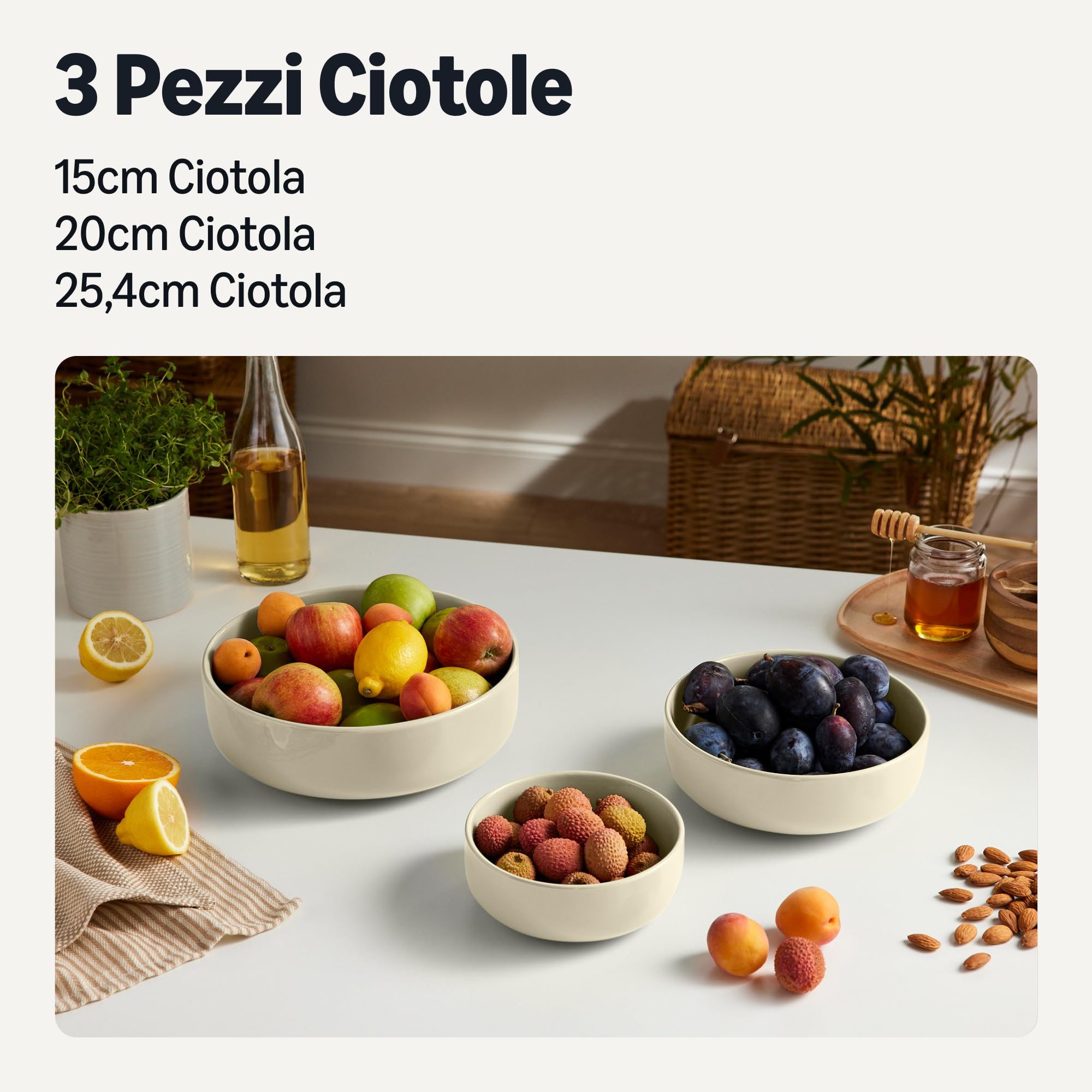 Amazon Basics Set 3 Ciotole Gres Avorio Impilabili