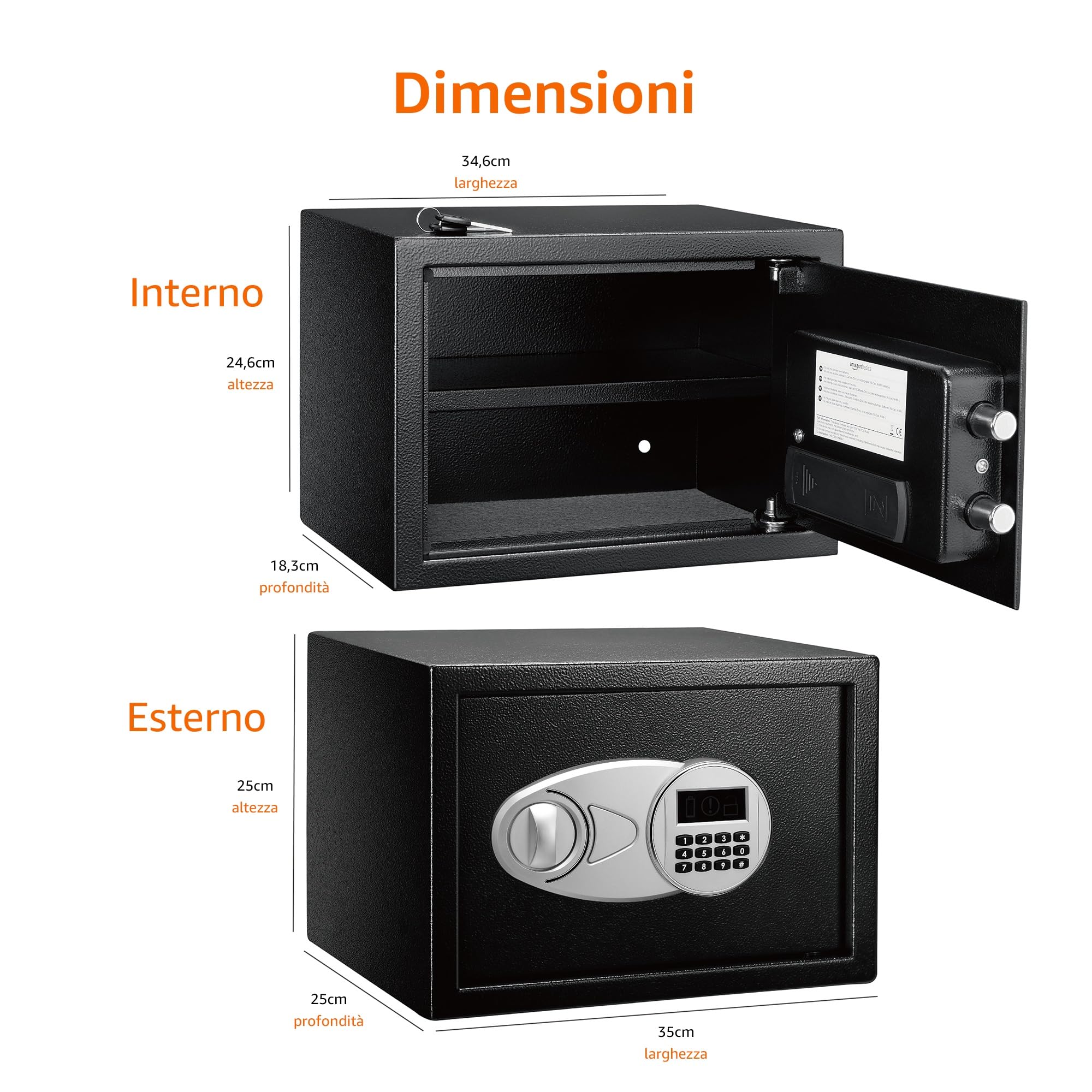 Amazon Basics Cassaforte Tastiera Digitale 14 Litri Nero Acciaio