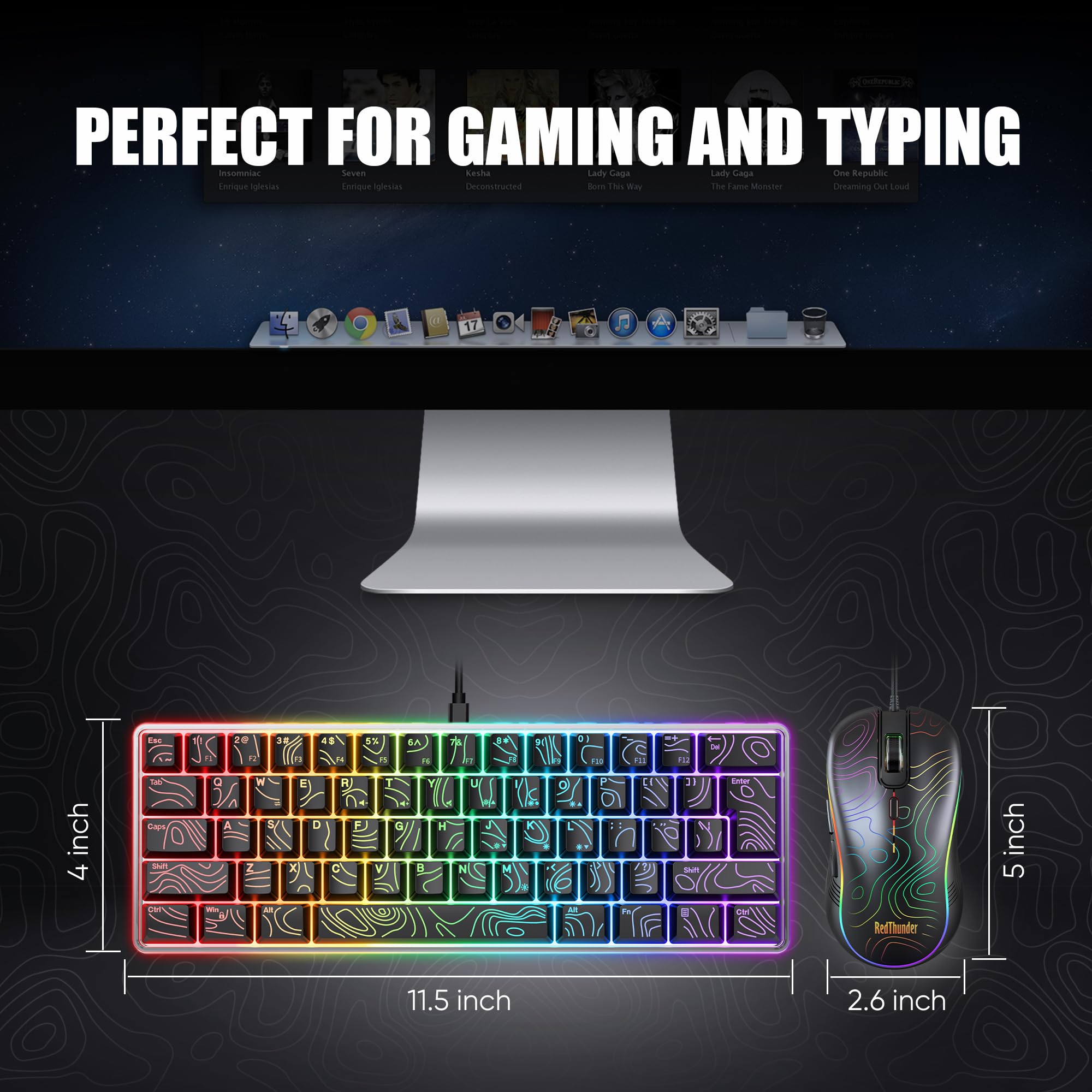 RedThunder Tastiera e Mouse Gaming 60% RGB 61 Tasti Nero
