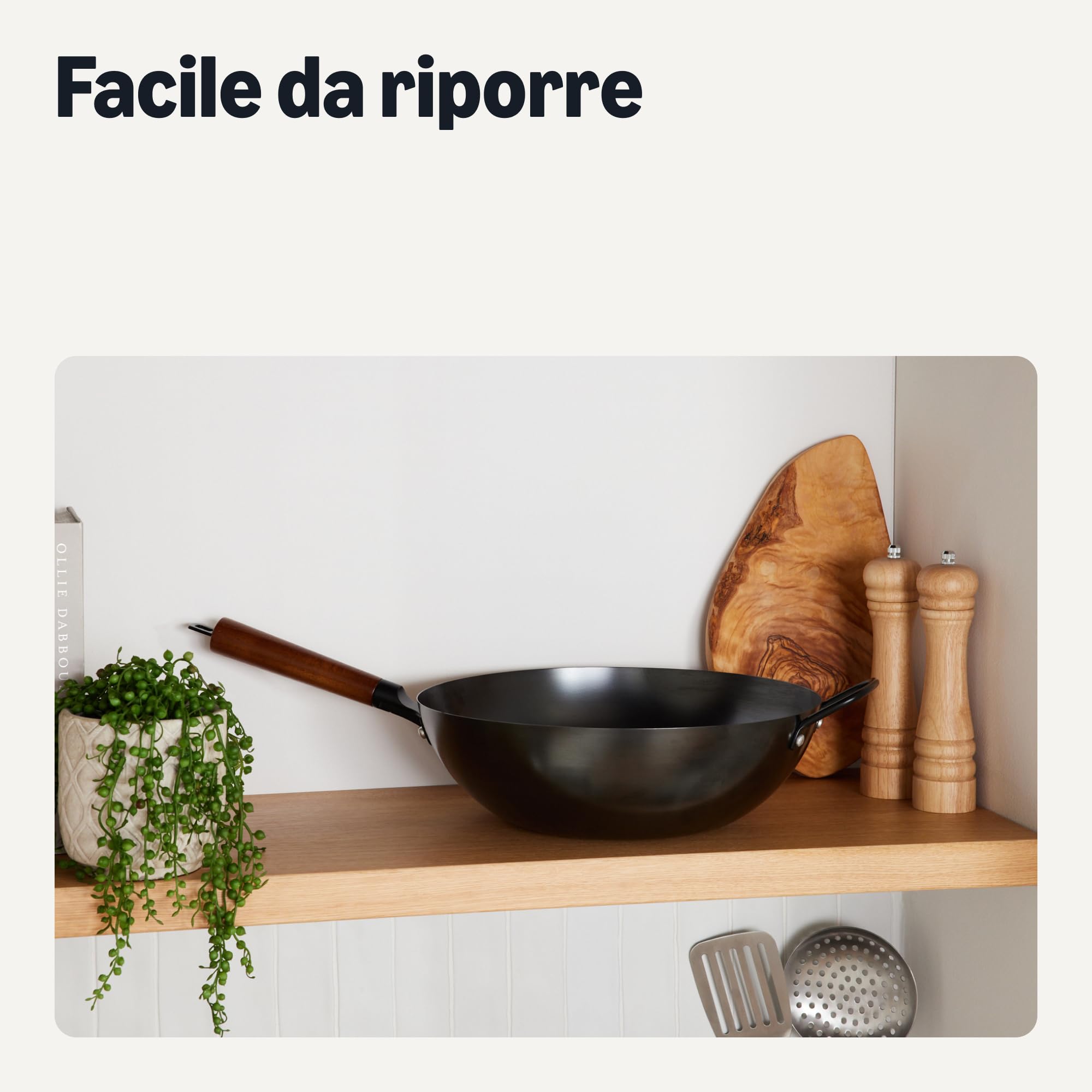 Amazon Basics Wok Acciaio al Carbonio 32 cm Manico Acacia