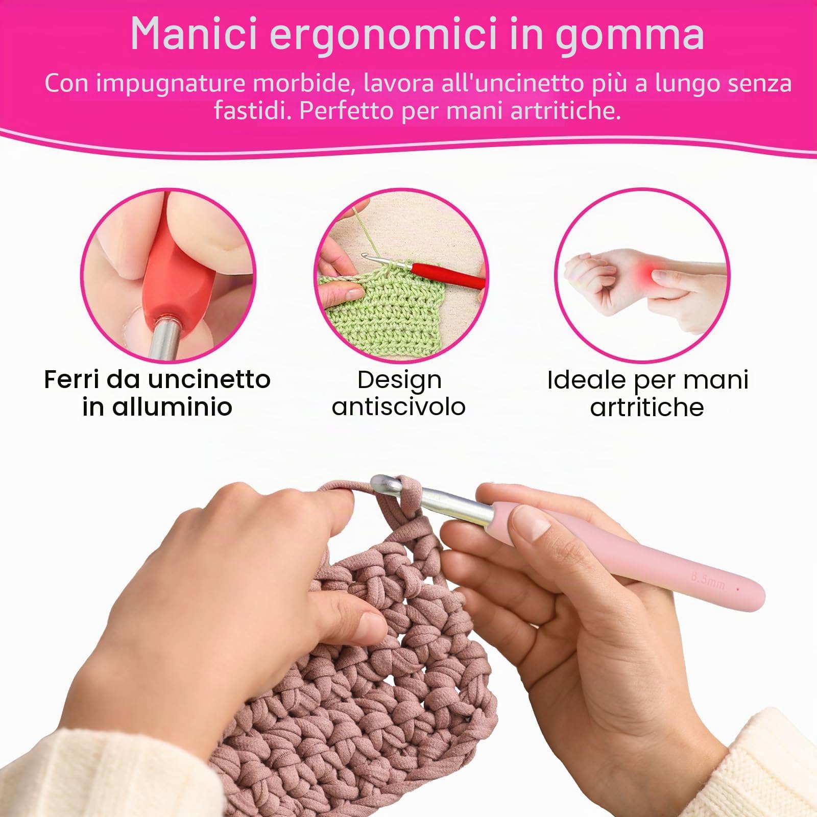 RealPlus kit uncinetto ergonomico 12 pezzi rosa 44 pezzi