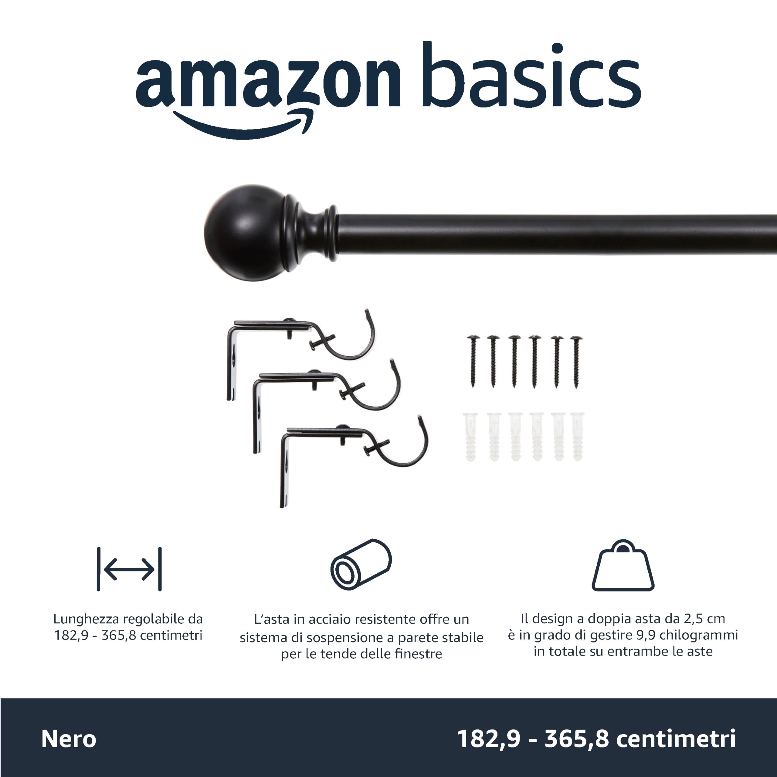 AmazonBasics Bastone Tenda 183-366 cm Nero Sfera 19 mm