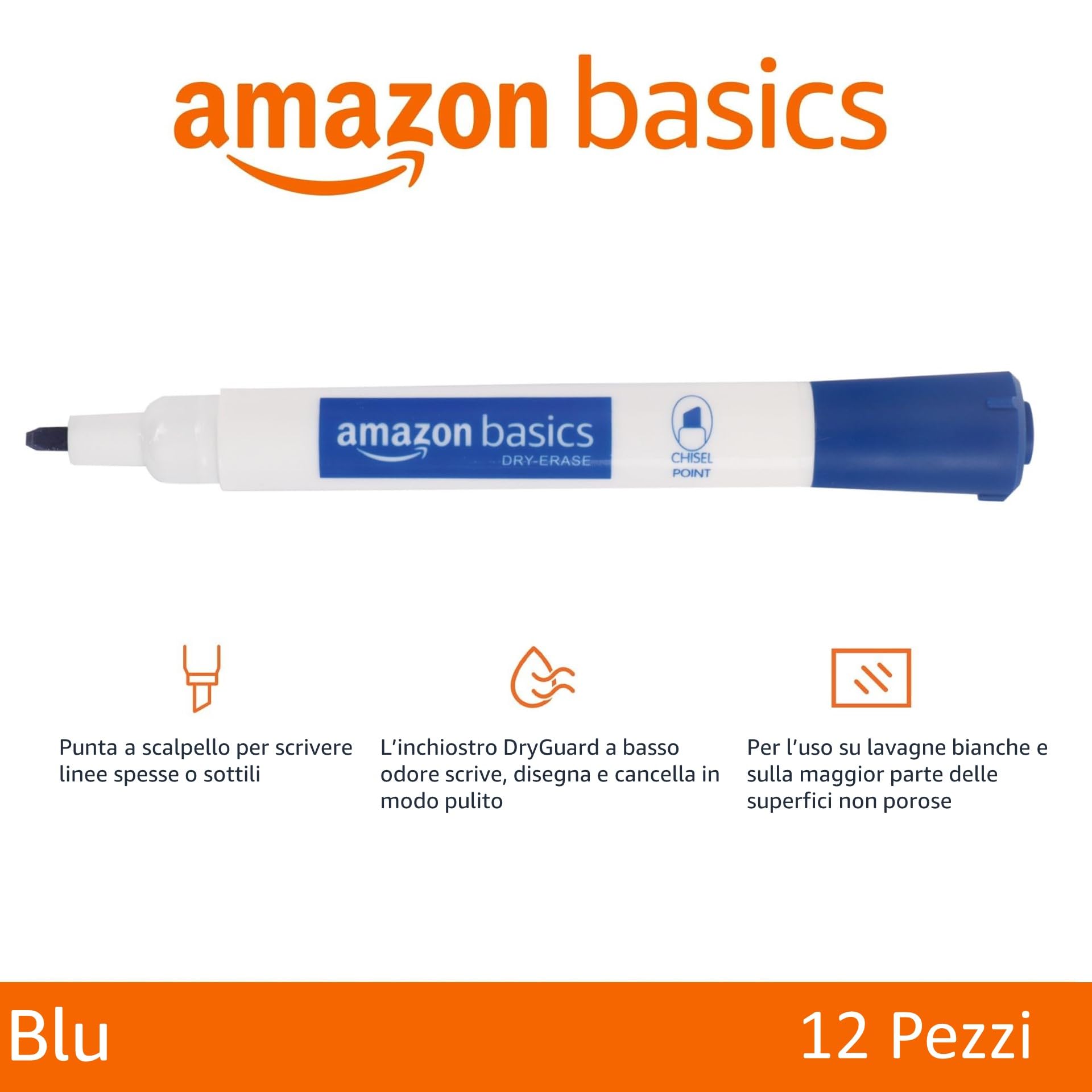 Amazon Basics Pennarelli Lavagna Bianca Blu 12 Pezzi Punta