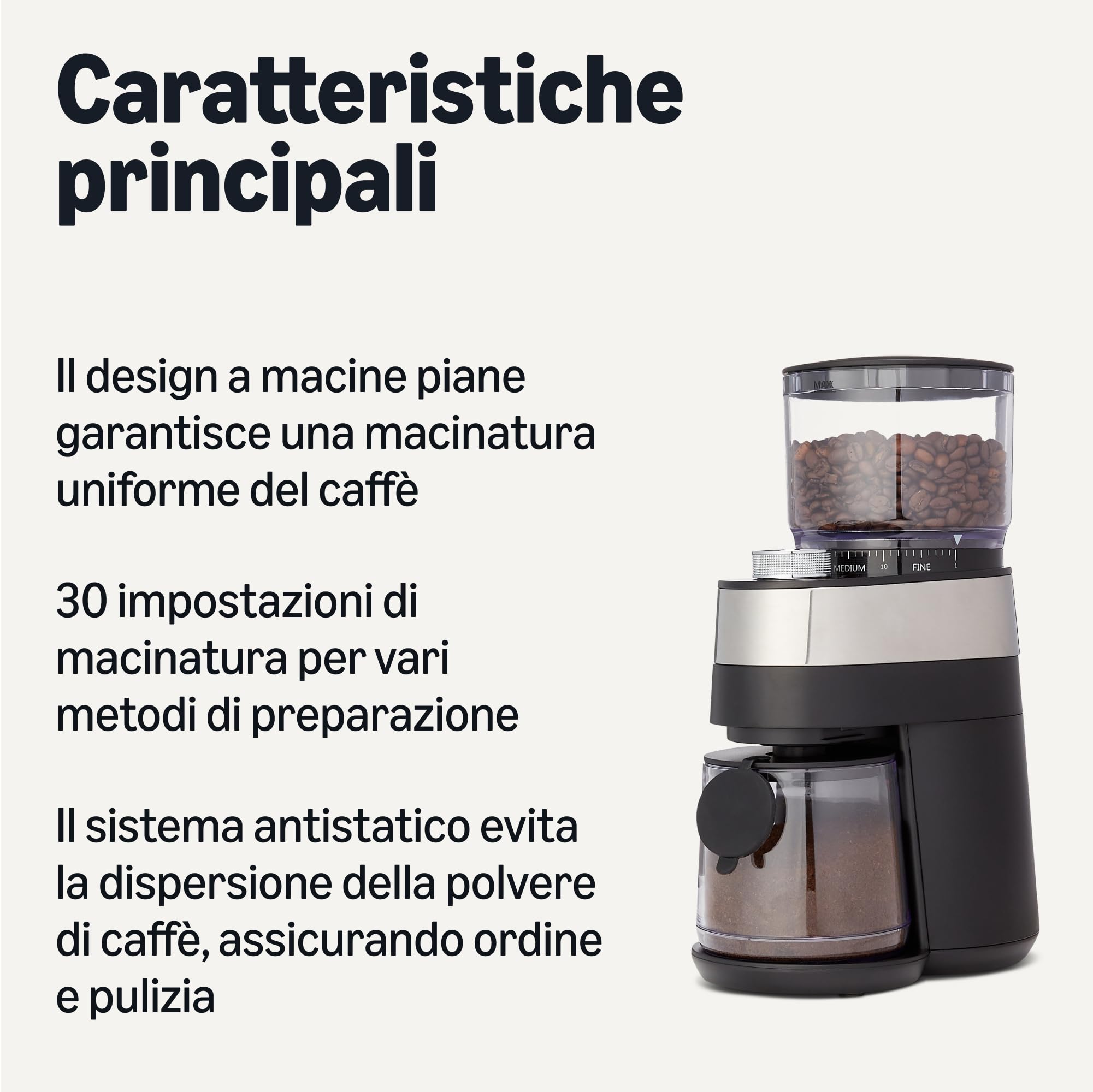Amazon Basics Macinacaffè elettrico 30 livelli nero