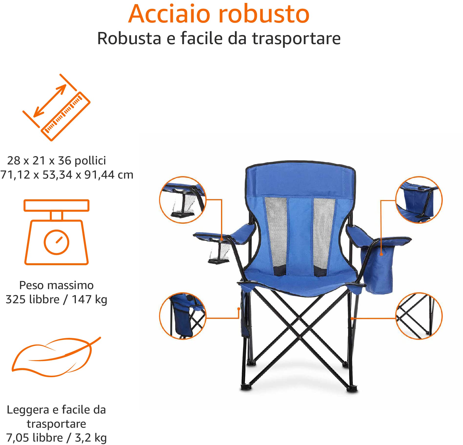 AmazonBasics Sedia da Campeggio Normale Blu in Rete