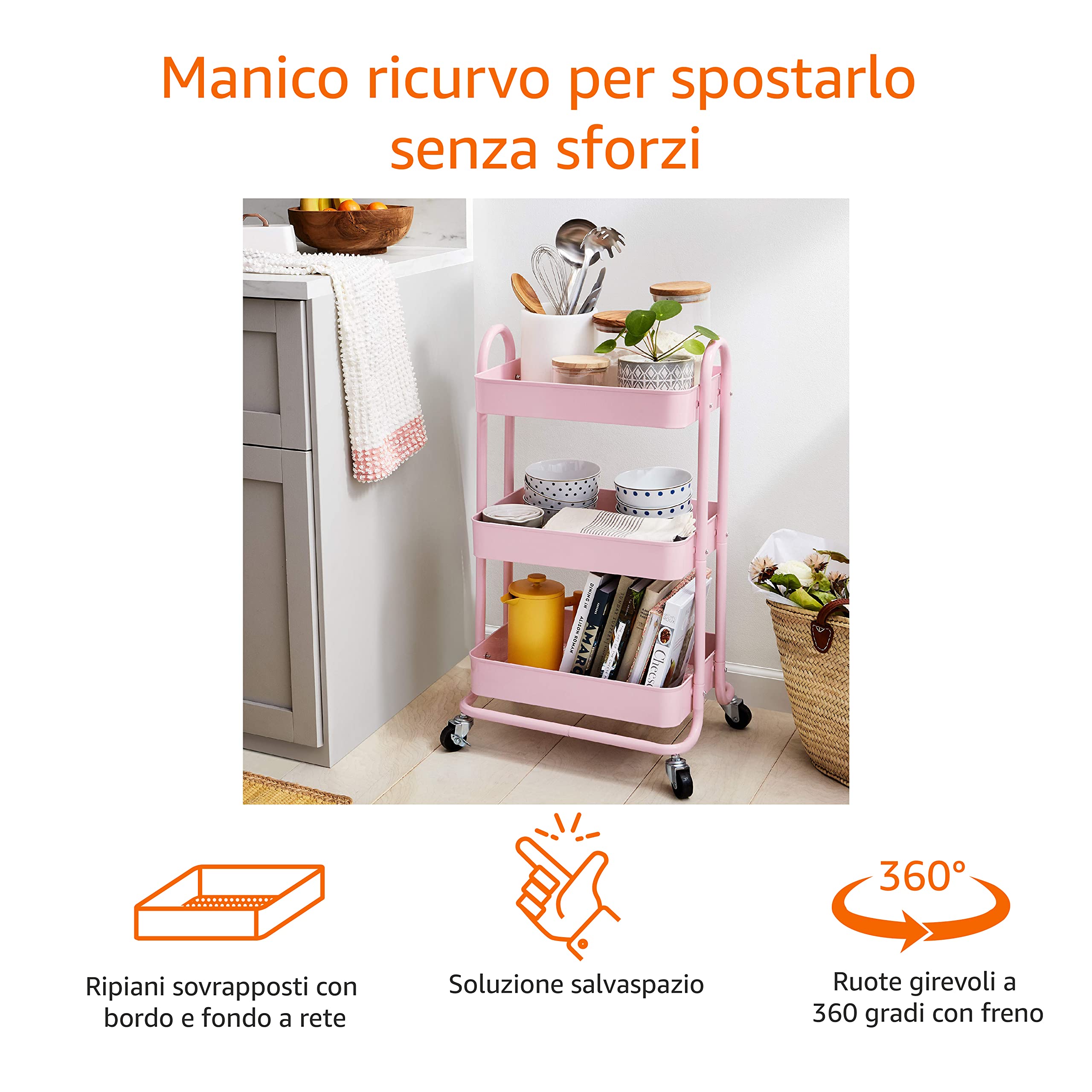 Amazon Basics Carrello 3 Ripiani con Ruote Rosa Antico Metallo