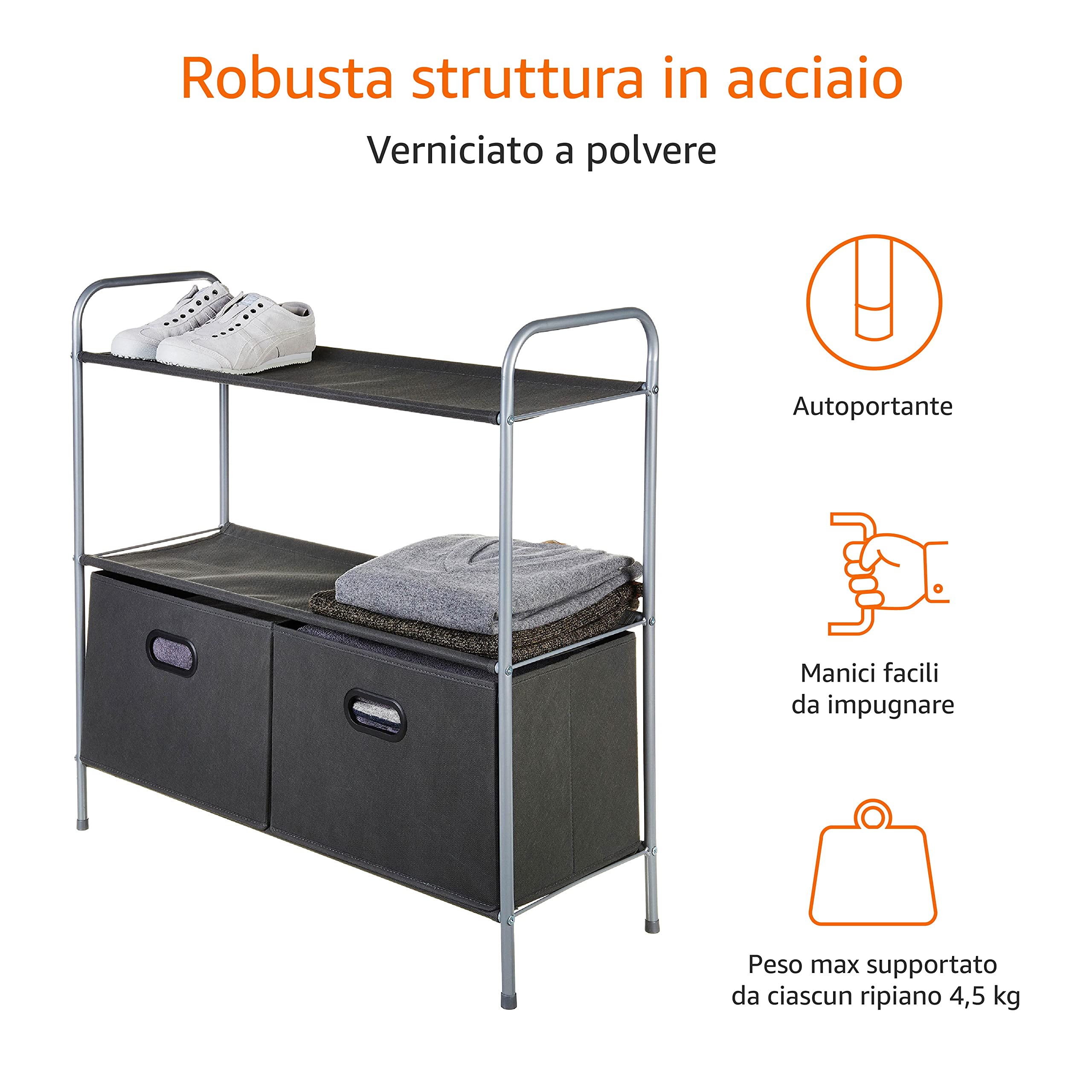 AmazonBasics Organizer Armadio Tessuto Grigio 3 Ripiani 2 Cassetti