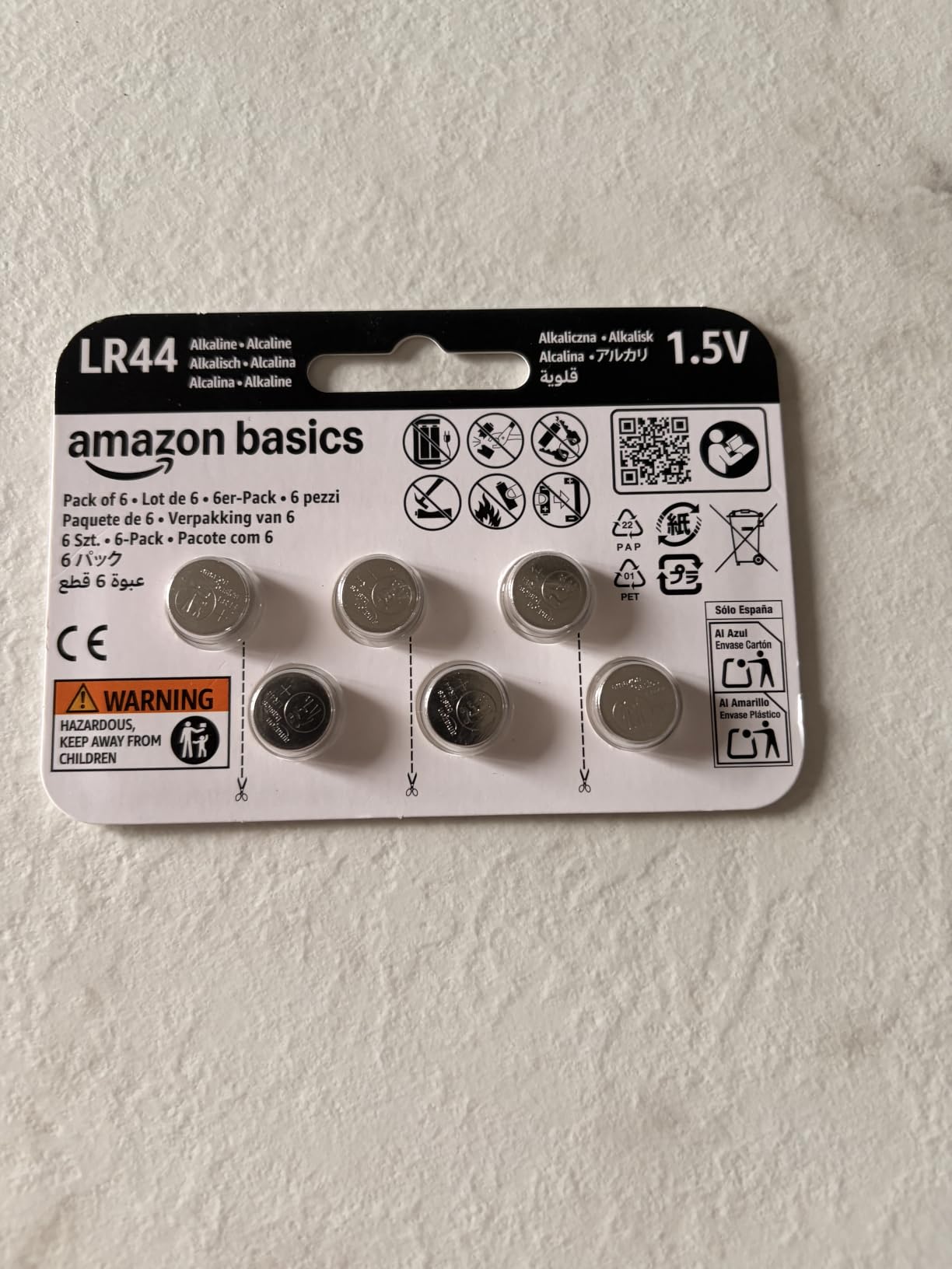 Amazon Basics Batterie Bottone LR44 6 Pezzi Lunga Durata